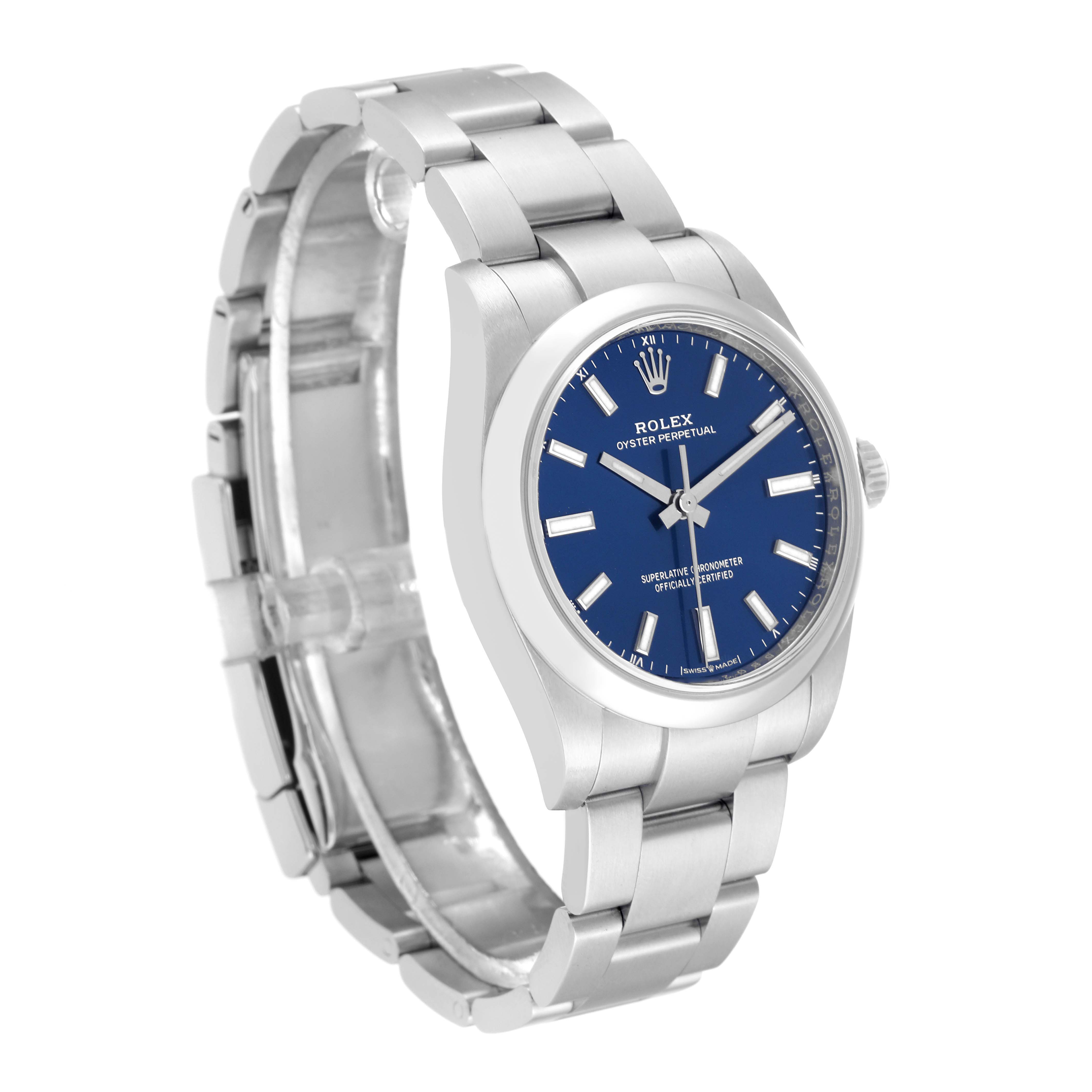 The Rolex Oyster Perpetual 124200 Men
s Stainless Steel Blue Dial 124200 Men
s Stainless Steel Blue Dial watch is shown at a slight angle, highlighting the stainless steel bracelet and blue dial.
