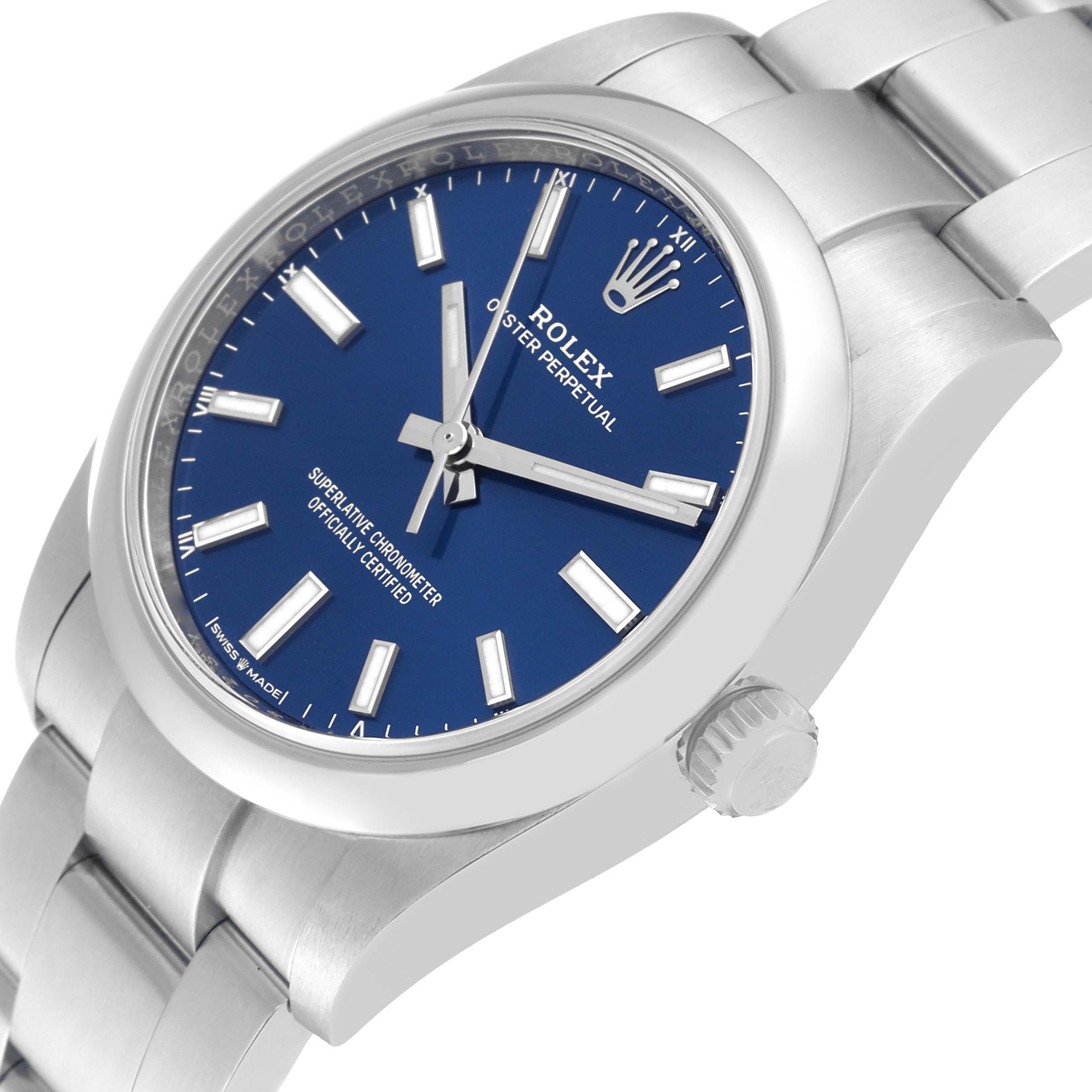 The image shows a side angle of a Rolex Oyster Perpetual 124200 Men
s Stainless Steel Blue Dial 124200 Men
s Stainless Steel Blue Dial, displaying the dial, bezel, crown, and bracelet links.