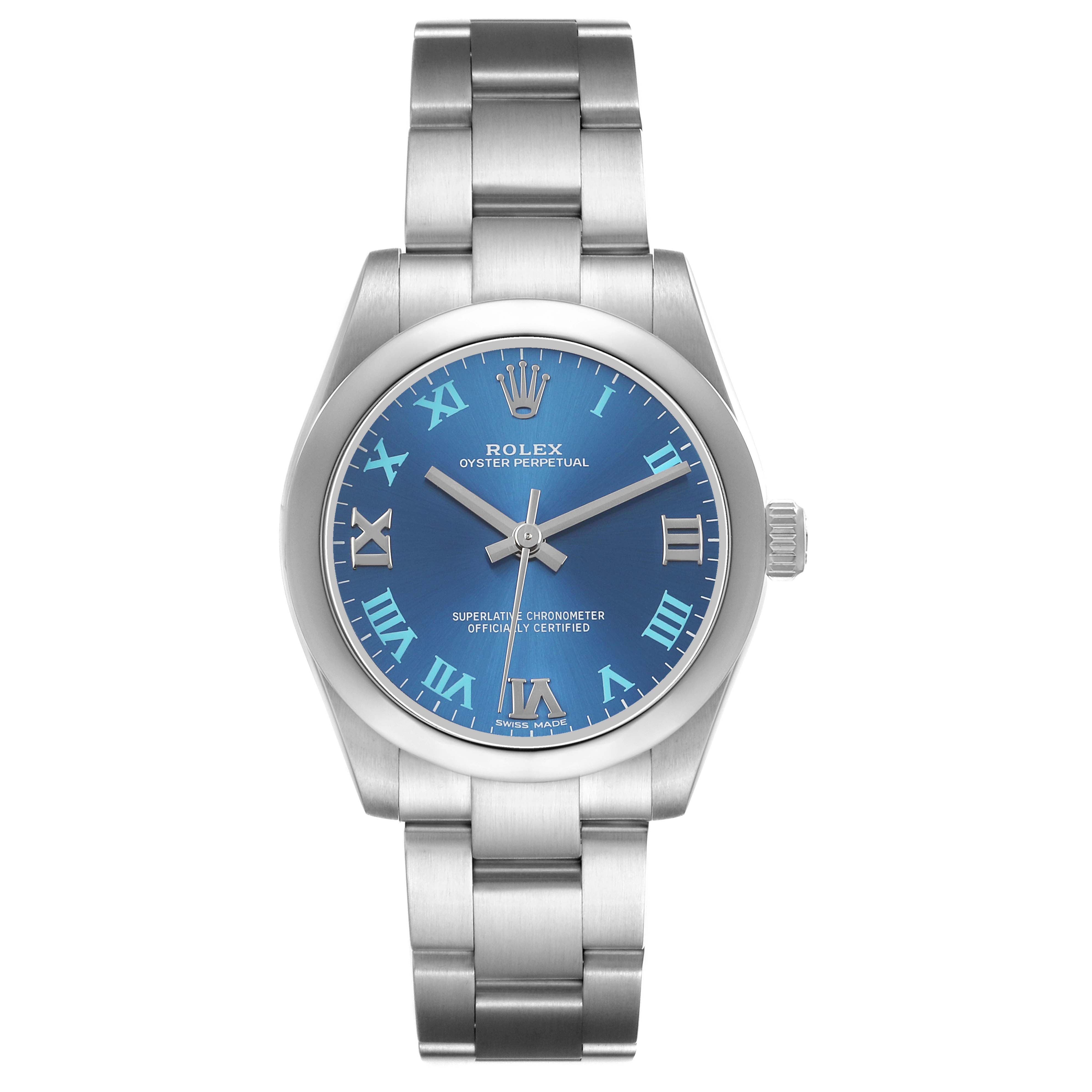 The Rolex Oyster Perpetual 177200 Women's Stainless Steel Blue Dial watch is shown from the front, displaying its blue dial, Roman numerals, and stainless steel bracelet.