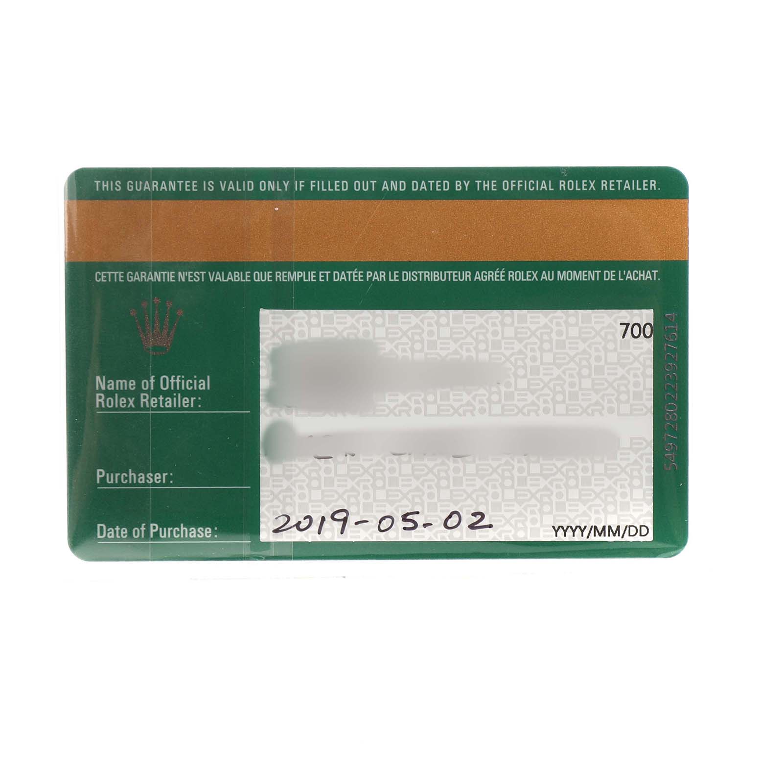 The image shows the guarantee card for a Rolex Oyster Perpetual 177200 Women's Stainless Steel Blue Dial watch, with purchase details filled in.