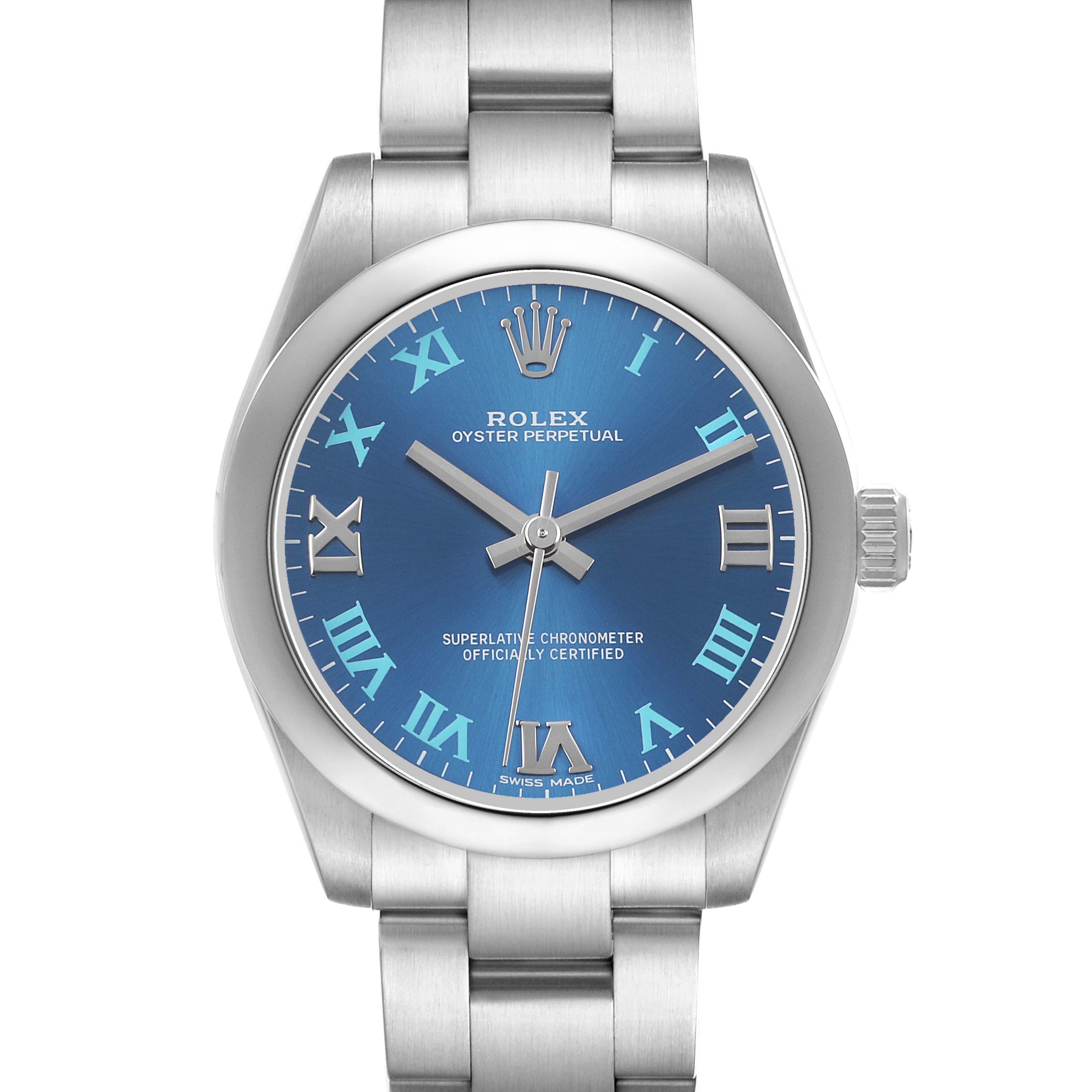 The Rolex Oyster Perpetual 177200 Women's Stainless Steel Blue Dial watch is shown from the front, displaying the dial, hands, crown, and part of the bracelet.