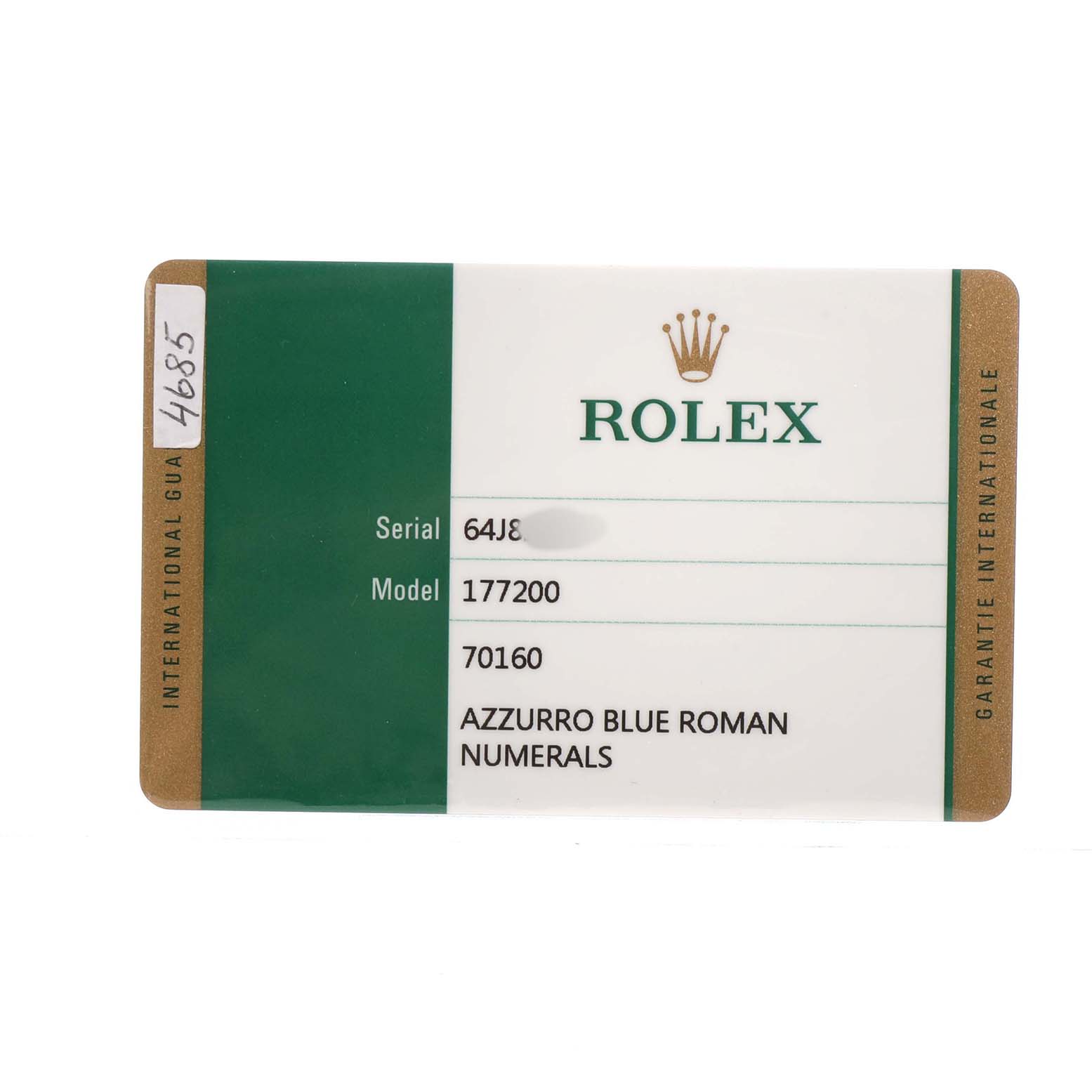 The image shows the warranty card for the Rolex Oyster Perpetual 177200 Women's Stainless Steel Blue Dial, displaying the model number and serial details.
