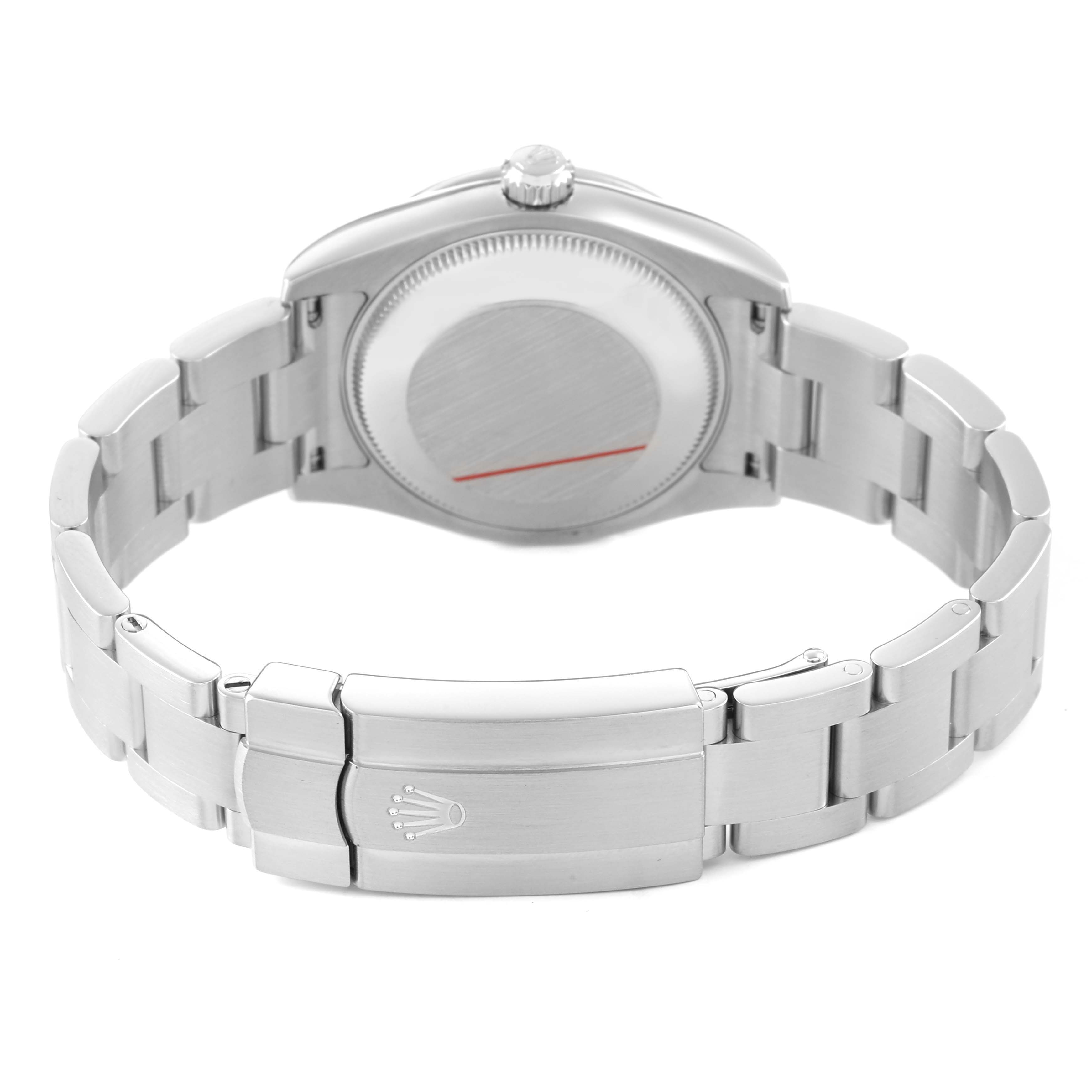 The image shows the Rolex Oyster Perpetual 177200 Women's Stainless Steel Blue Dial watch from the back, highlighting the clasp, bracelet, and case back.