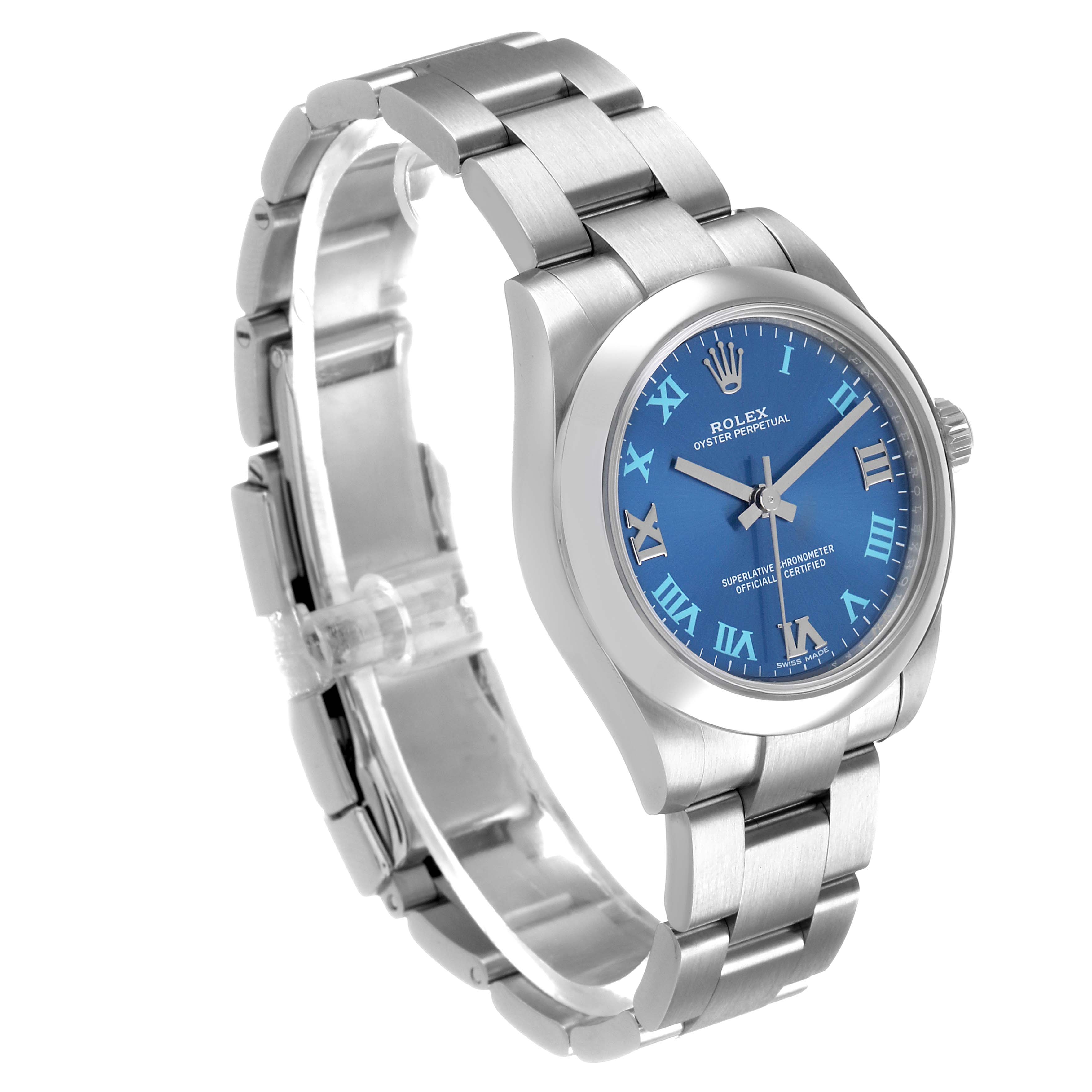 The Rolex Oyster Perpetual 177200 Women's Stainless Steel Blue Dial watch is shown at a three-quarter angle, highlighting the blue dial, bezel, bracelet, and clasp.