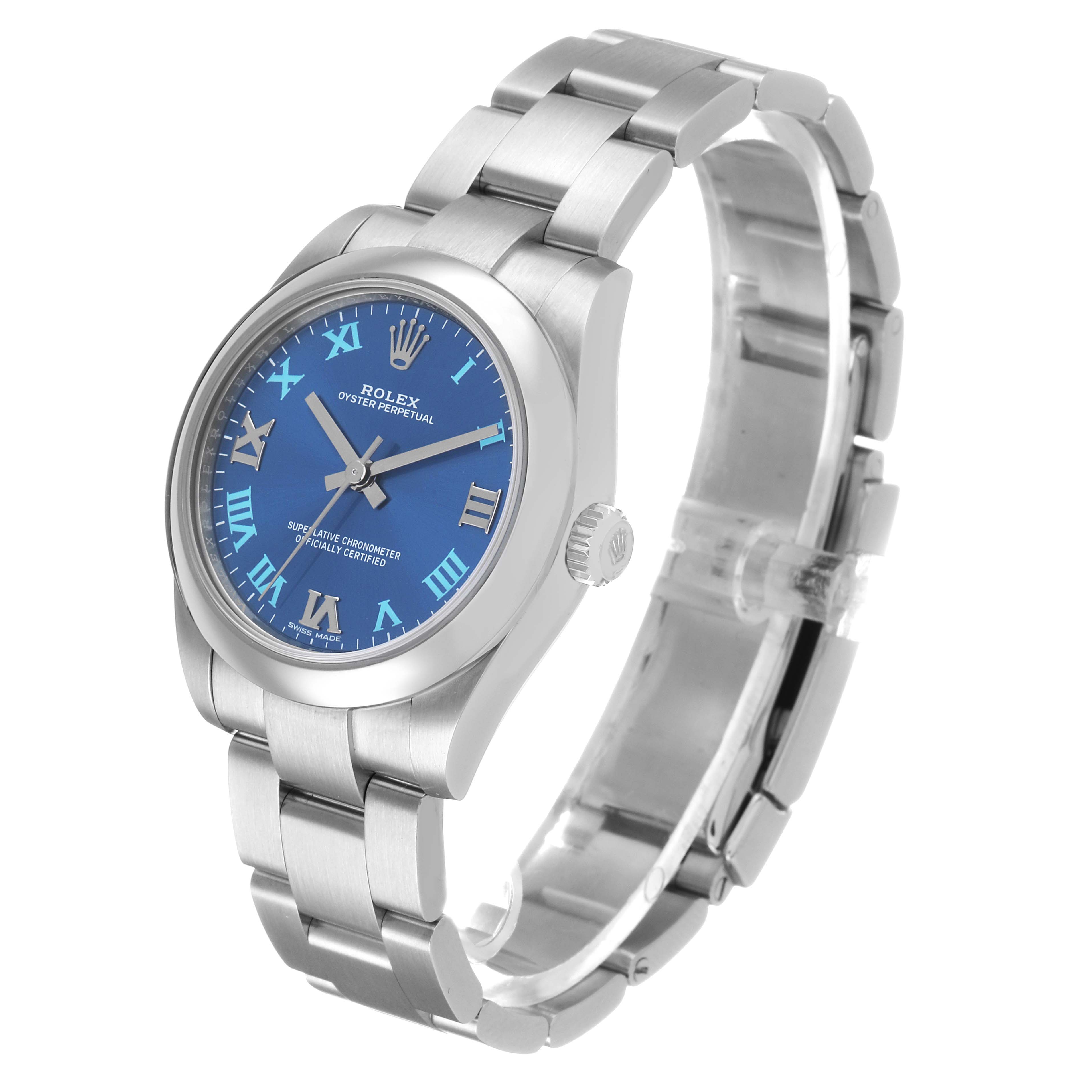 The Rolex Oyster Perpetual 177200 Women's Stainless Steel Blue Dial watch is shown from a three-quarter angle, displaying the dial, bezel, crown, and bracelet.