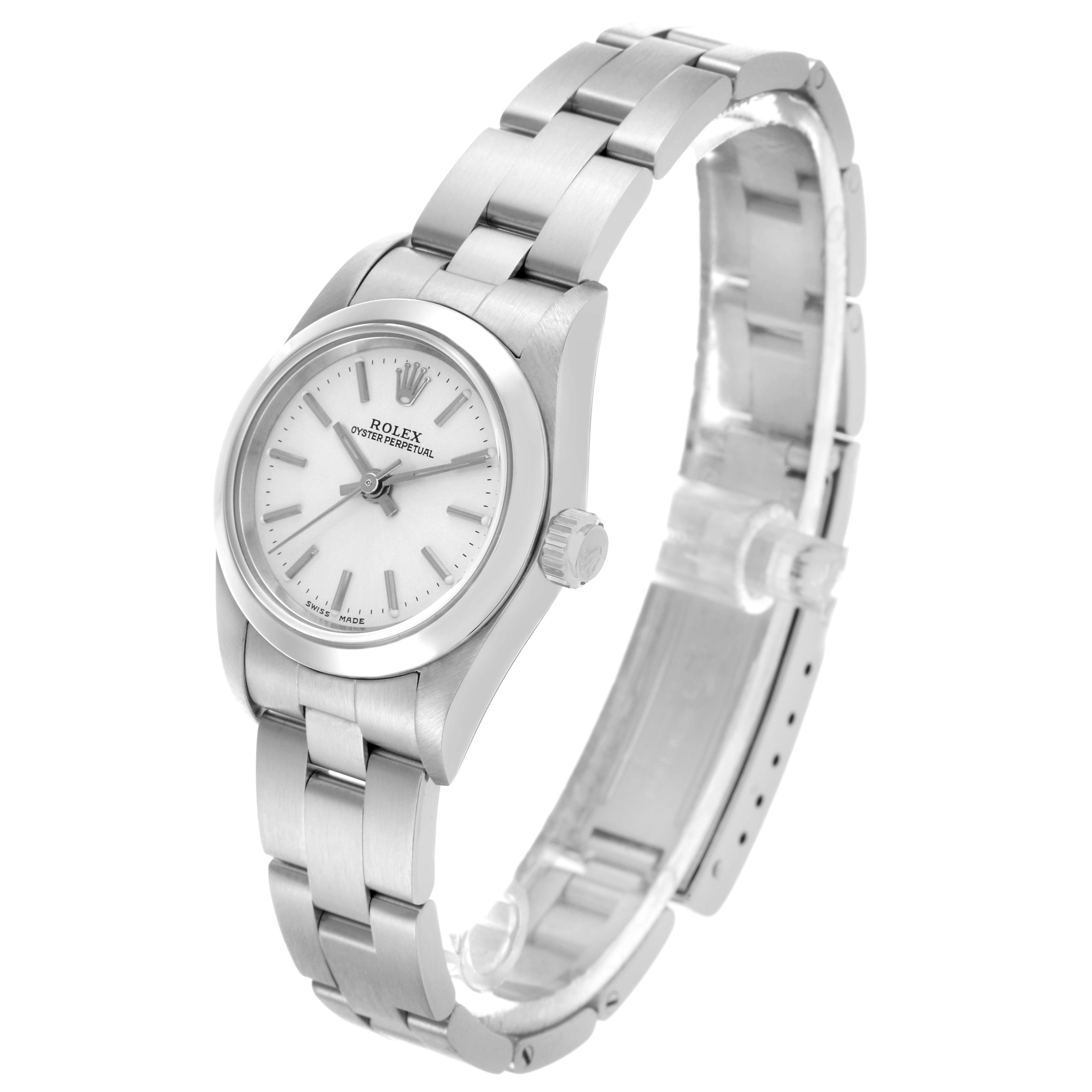 The Rolex Oyster Perpetual 76080 Women's Stainless Steel Silver Dial 76080 Women's Stainless Steel Silver Dial watch is shown at an angled side view, highlighting its face, bracelet, and crown.