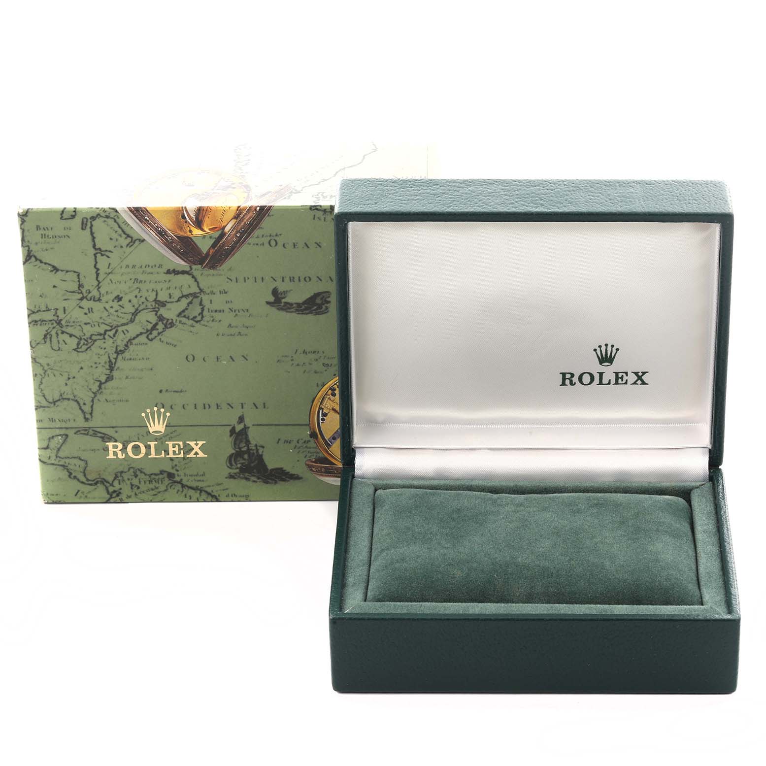 The image shows an empty Rolex Oyster Perpetual 76080 Women's Stainless Steel Silver Dial 76080 Women's Stainless Steel Silver Dial watch box, featuring the open box and decorative outer box.