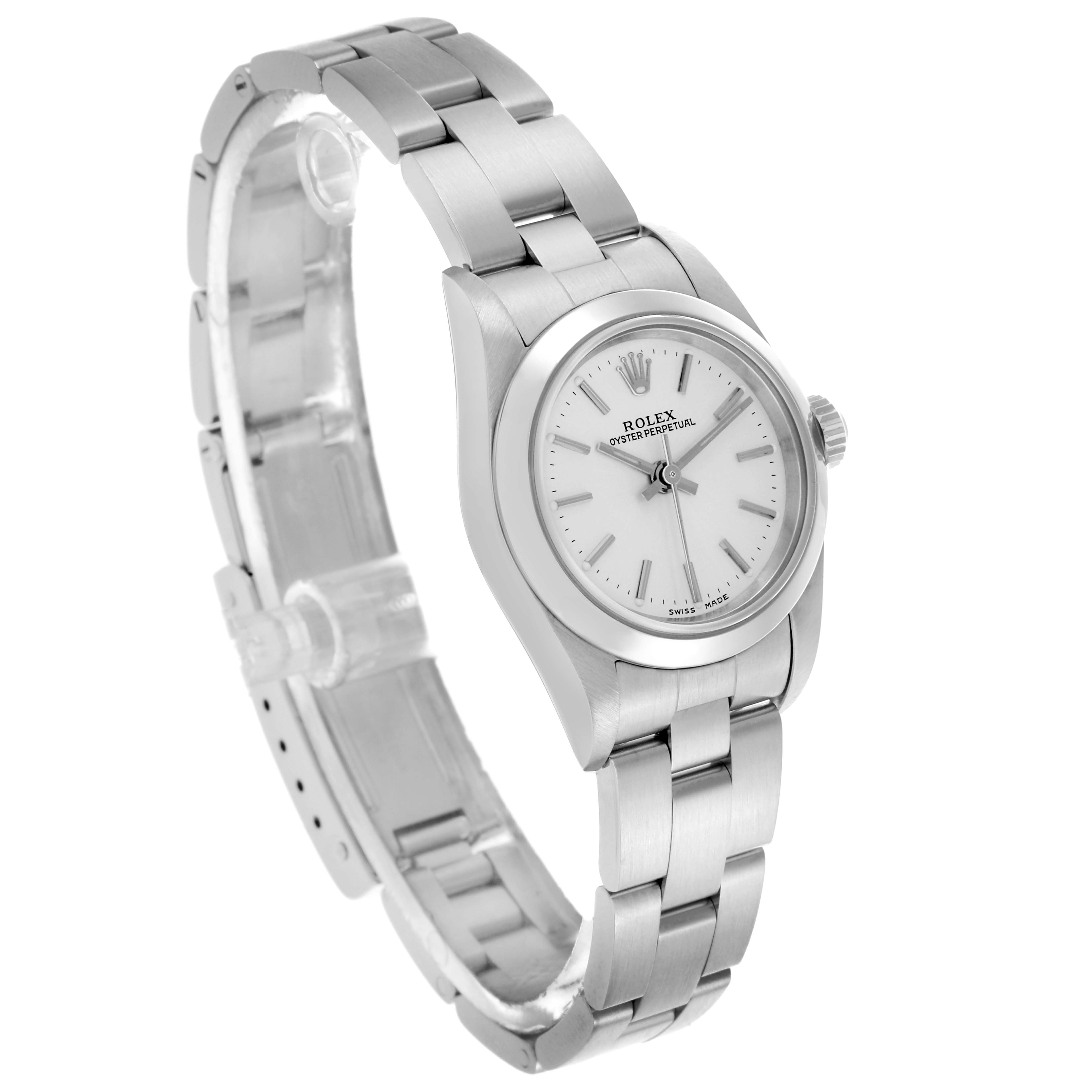 The Rolex Oyster Perpetual 76080 Women's Stainless Steel Silver Dial 76080 Women's Stainless Steel Silver Dial watch is shown at an angled front view, highlighting the dial and bracelet.