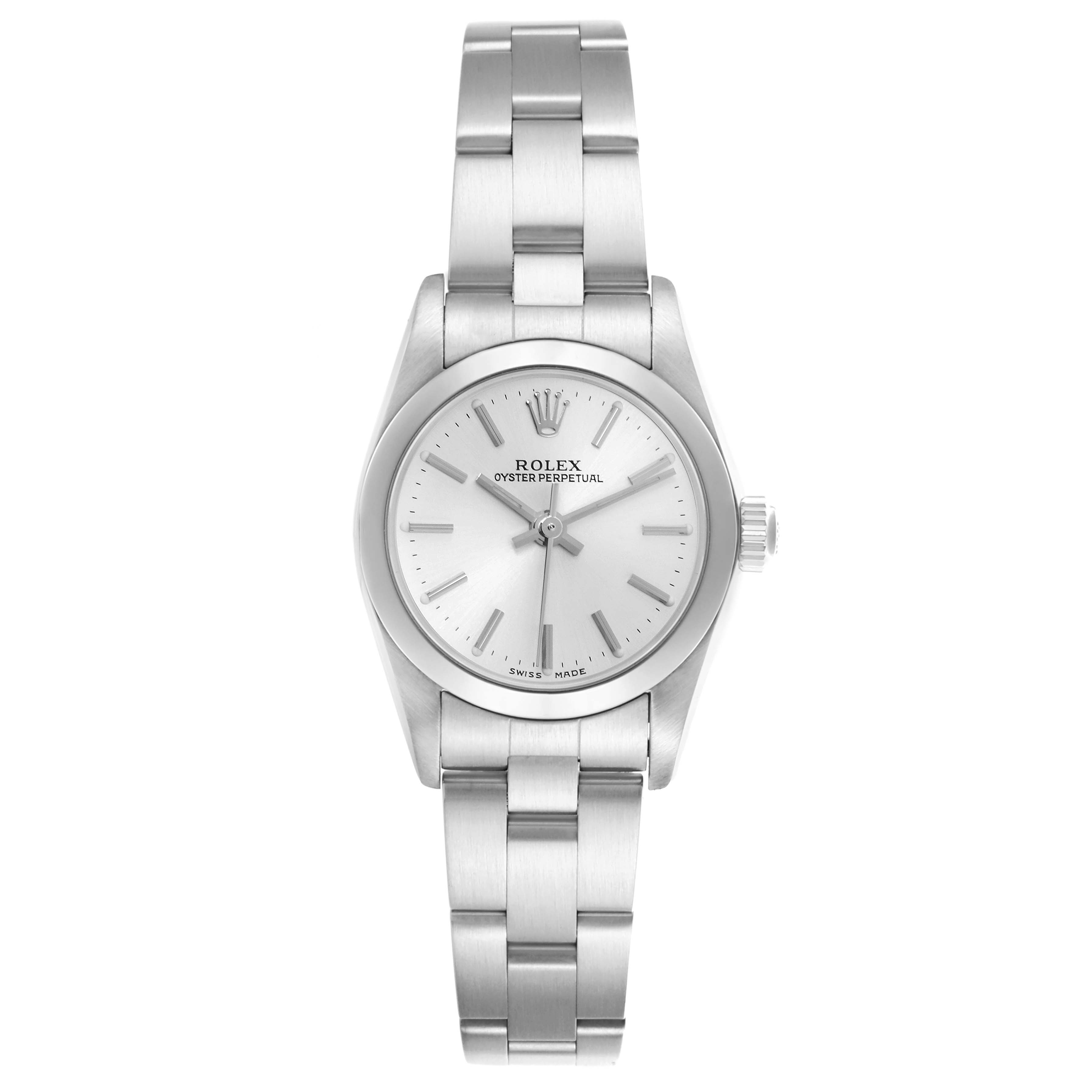 The Rolex Oyster Perpetual 76080 Women's Stainless Steel Silver Dial 76080 Women's Stainless Steel Silver Dial watch is shown from a front angle, displaying the dial, hands, crown, and metal bracelet.