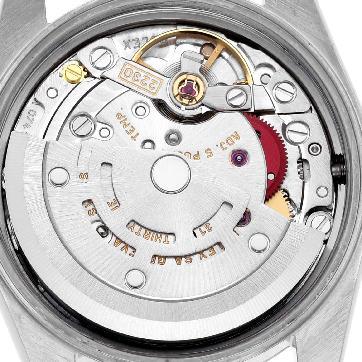 The image shows the movement and mechanism of a Rolex Oyster Perpetual 76080 Women's Stainless Steel Silver Dial 76080 Women's Stainless Steel Silver Dial watch from the back.