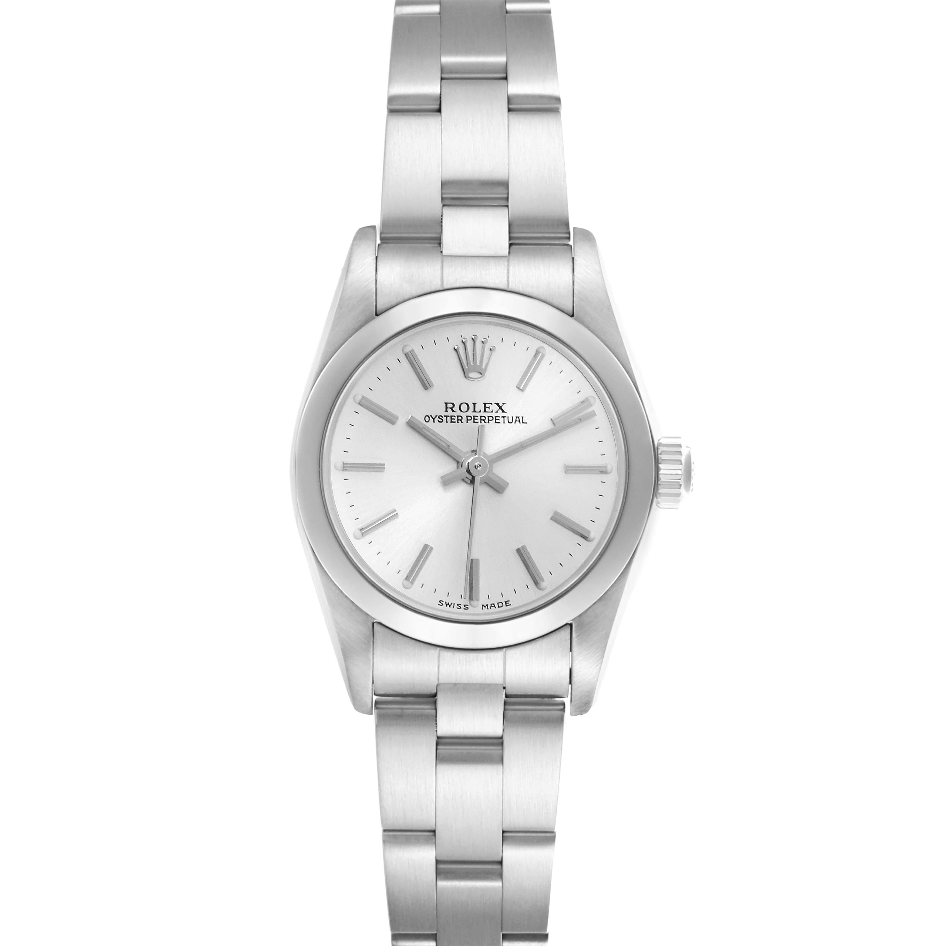 The Rolex Oyster Perpetual 76080 Women's Stainless Steel Silver Dial 76080 Women's Stainless Steel Silver Dial watch is shown from a front angle, displaying the face, bracelet, and crown.