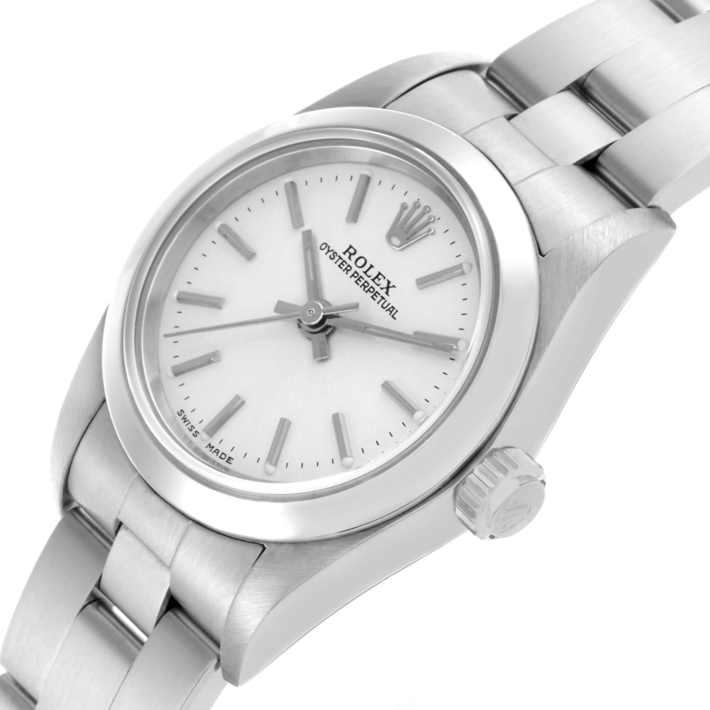 The Rolex Oyster Perpetual 76080 Women's Stainless Steel Silver Dial 76080 Women's Stainless Steel Silver Dial watch is shown at an angled view, highlighting the face, bezel, crown, and bracelet.