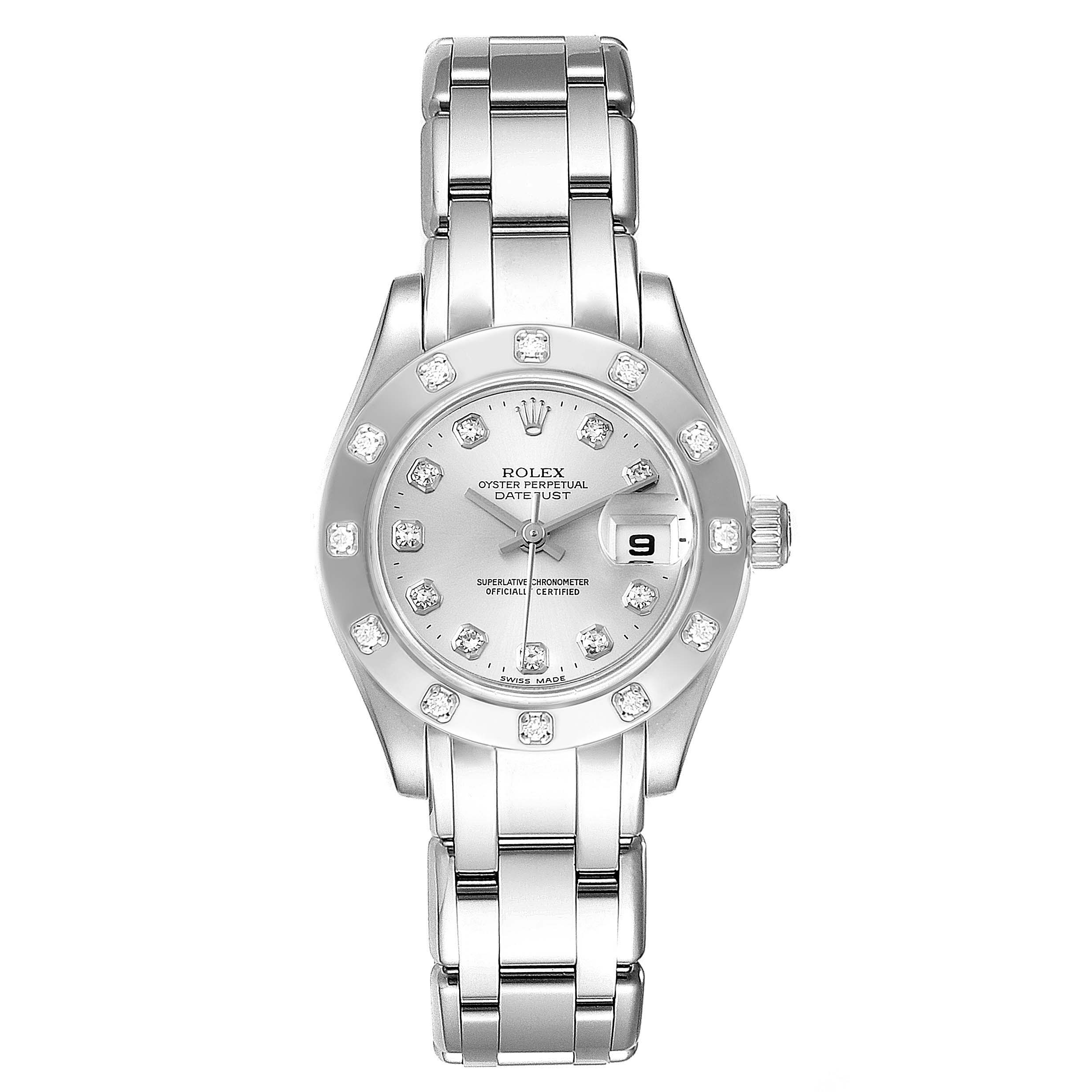 The image shows a front view of the Rolex Pearlmaster 80319 Women
s White Gold Silver Dial 80319 Women
s White Gold Silver Dial watch, featuring its face, bracelet, and bezel with diamond markers.