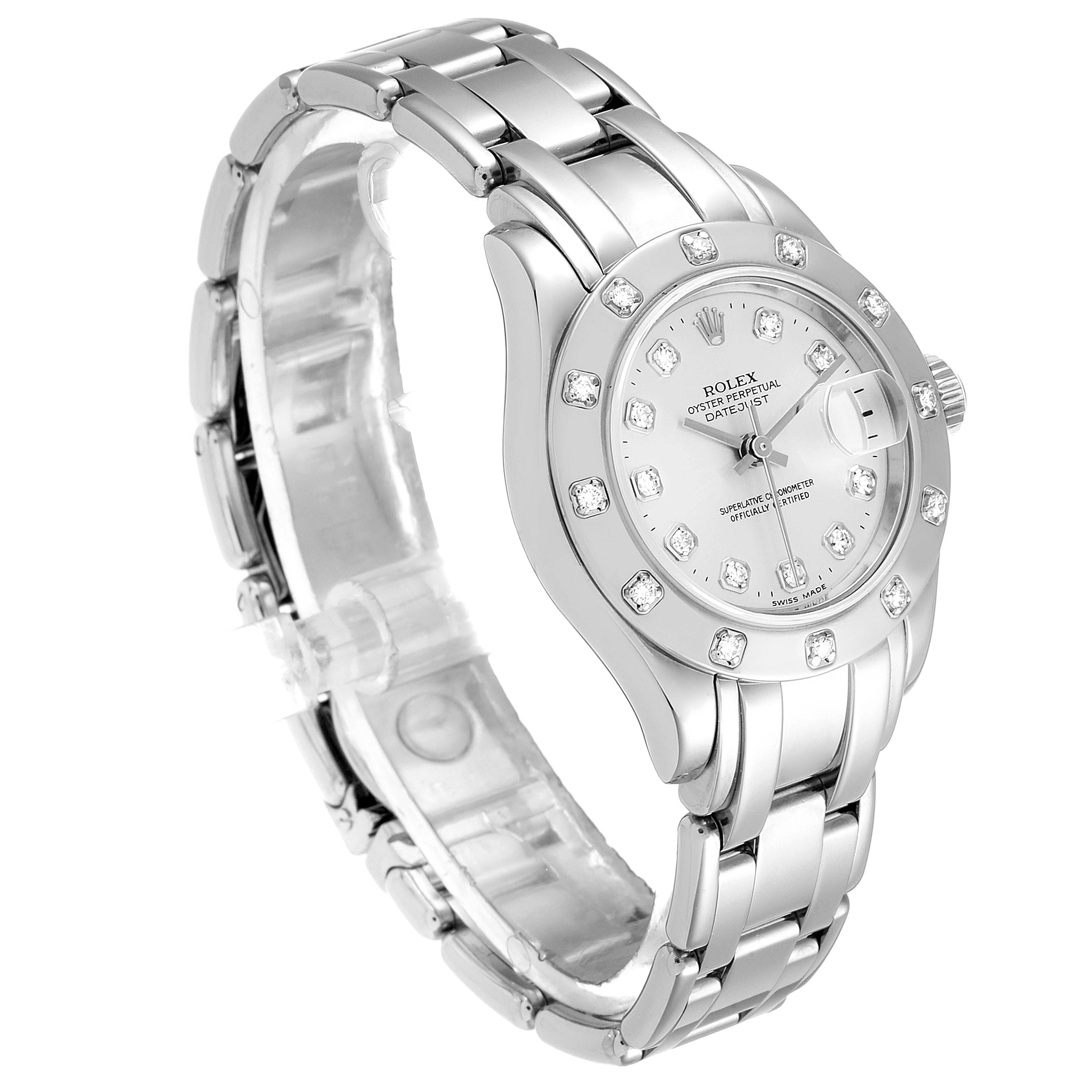 The Rolex Pearlmaster 80319 Women
s White Gold Silver Dial 80319 Women
s White Gold Silver Dial watch is shown at an angled side view featuring its diamond bezel and metallic bracelet.