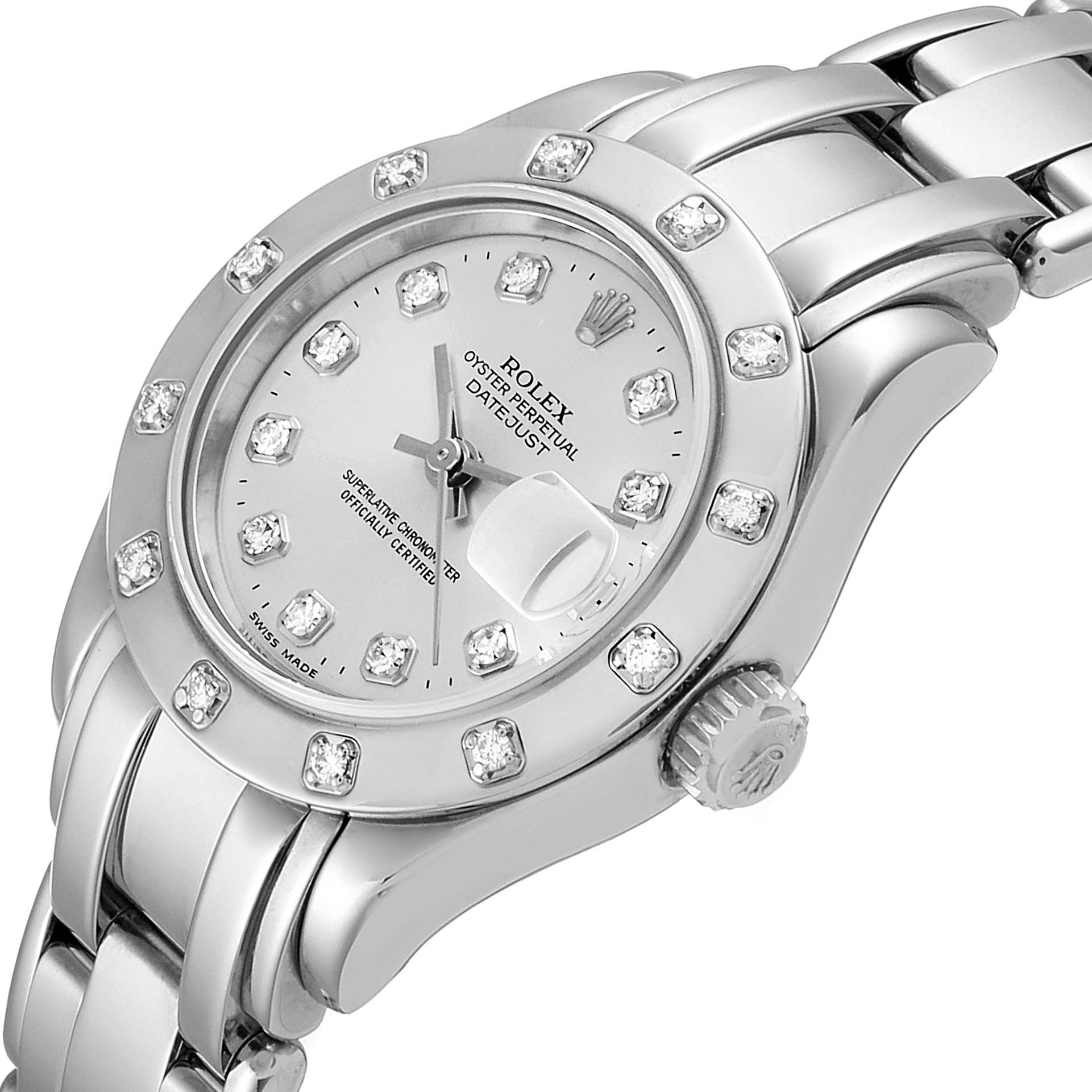 The image shows a Rolex Pearlmaster 80319 Women
s White Gold Silver Dial 80319 Women
s White Gold Silver Dial watch angled slightly to the left, highlighting the face, bezel, and part of the bracelet.