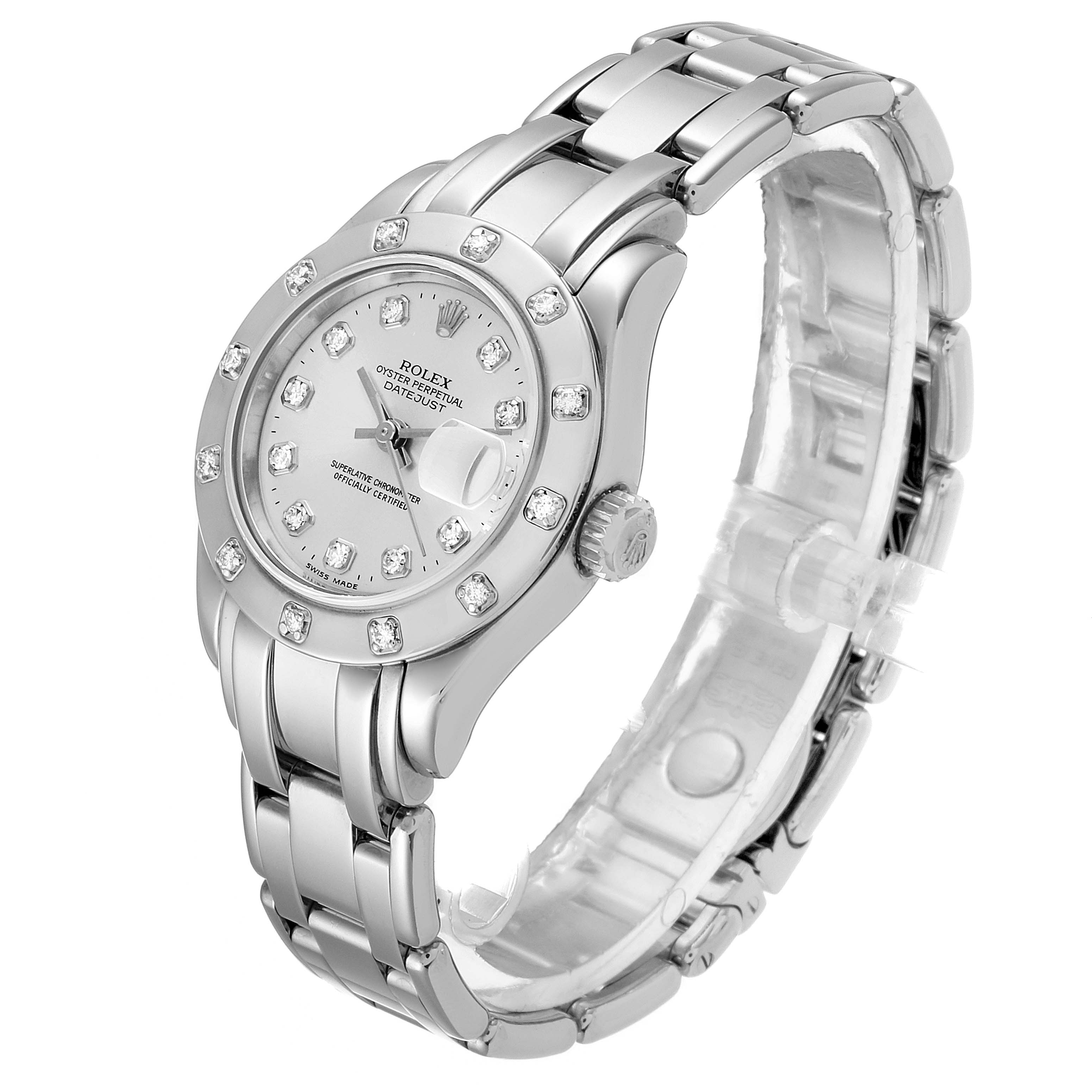 The Rolex Pearlmaster 80319 Women
s White Gold Silver Dial 80319 Women
s White Gold Silver Dial watch is shown at an angled view, displaying its case, dial, bezel, bracelet, and crown.