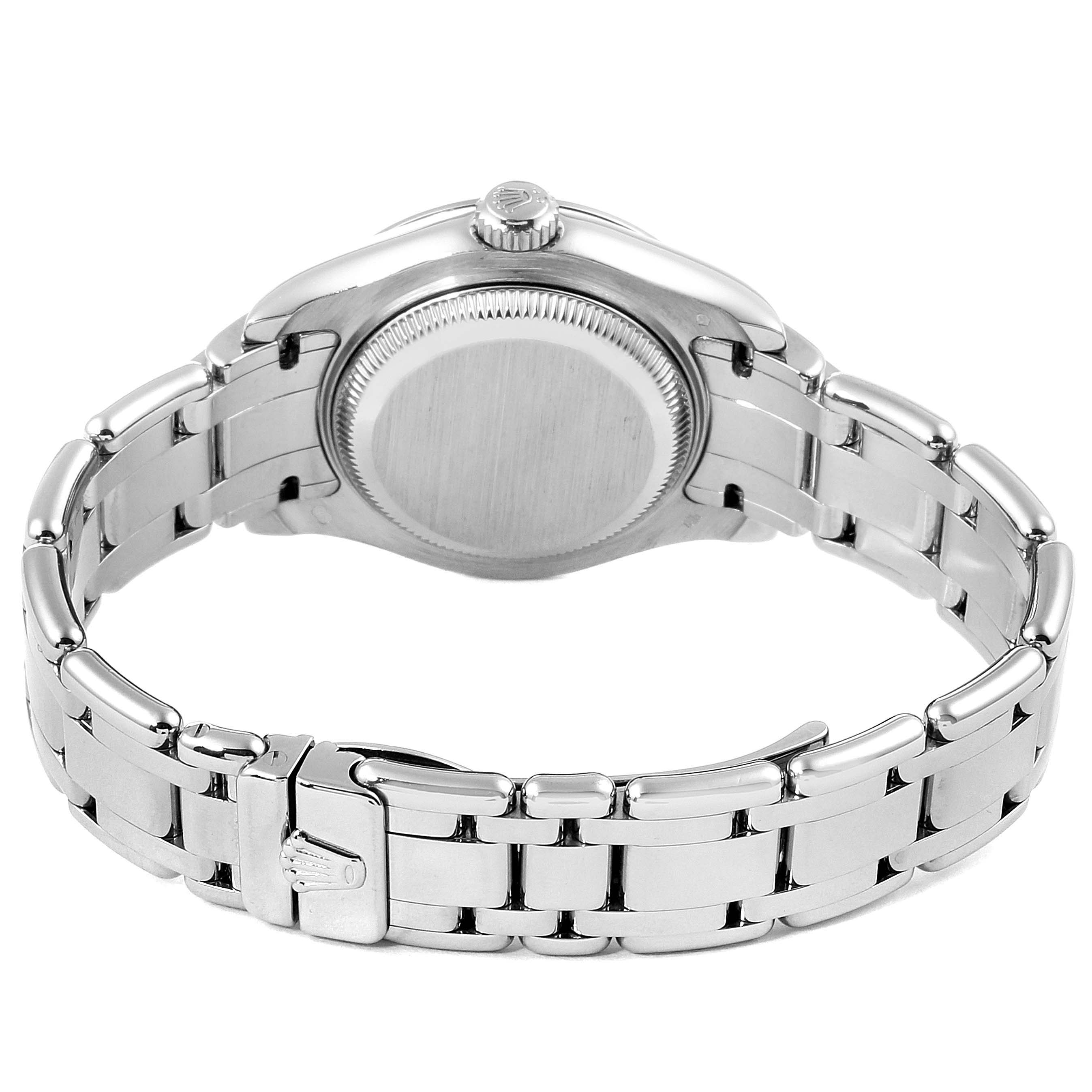 This image shows the Rolex Pearlmaster 80319 Women
s White Gold Silver Dial 80319 Women
s White Gold Silver Dial watch from a rear angle, highlighting the case back, crown, and bracelet.