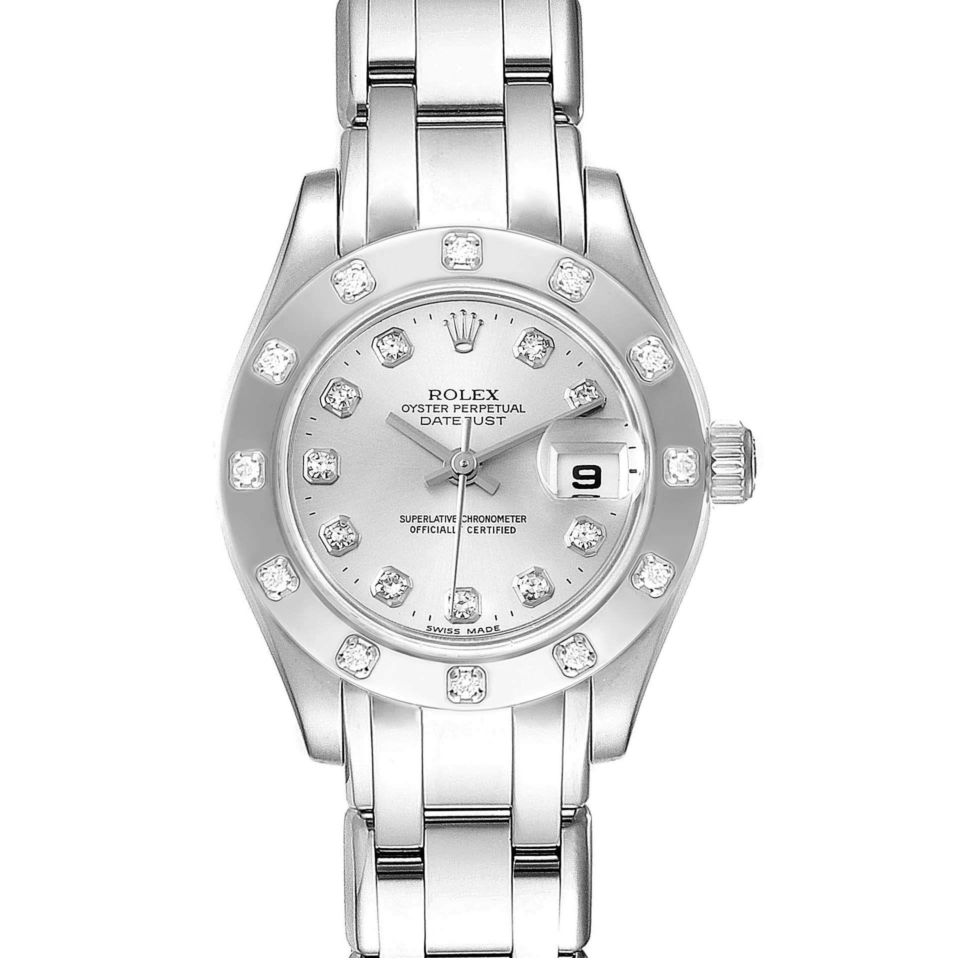 The image shows a front view of a Rolex Pearlmaster 80319 Women
s White Gold Silver Dial 80319 Women
s White Gold Silver Dial watch displaying the dial, bezel, bracelet, and crown.