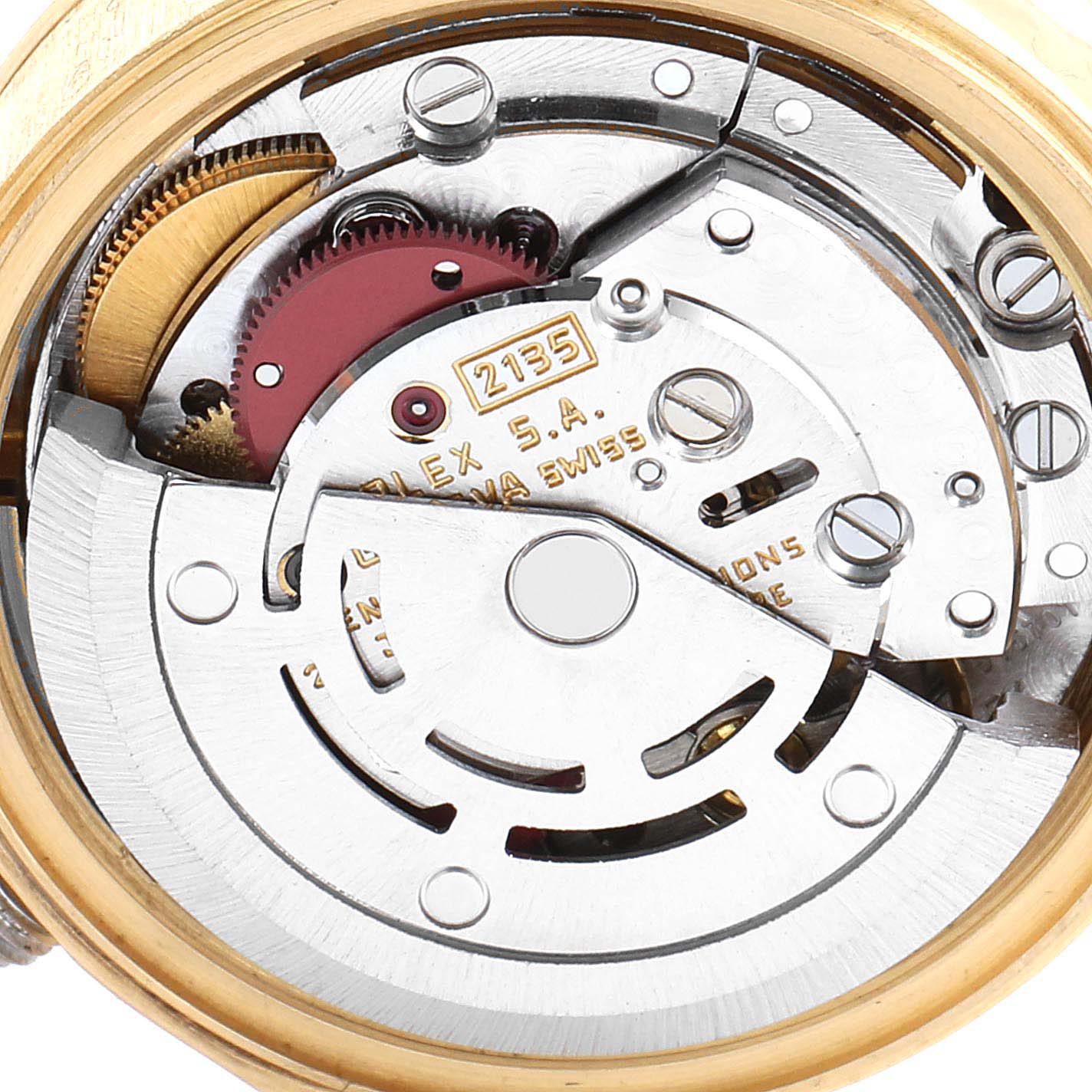 This image shows the internal mechanism and movement of the Rolex President 69168 Women's Yellow Gold Champagne Dial 69168 Women's Yellow Gold Champagne Dial model watch at a close-up angle.