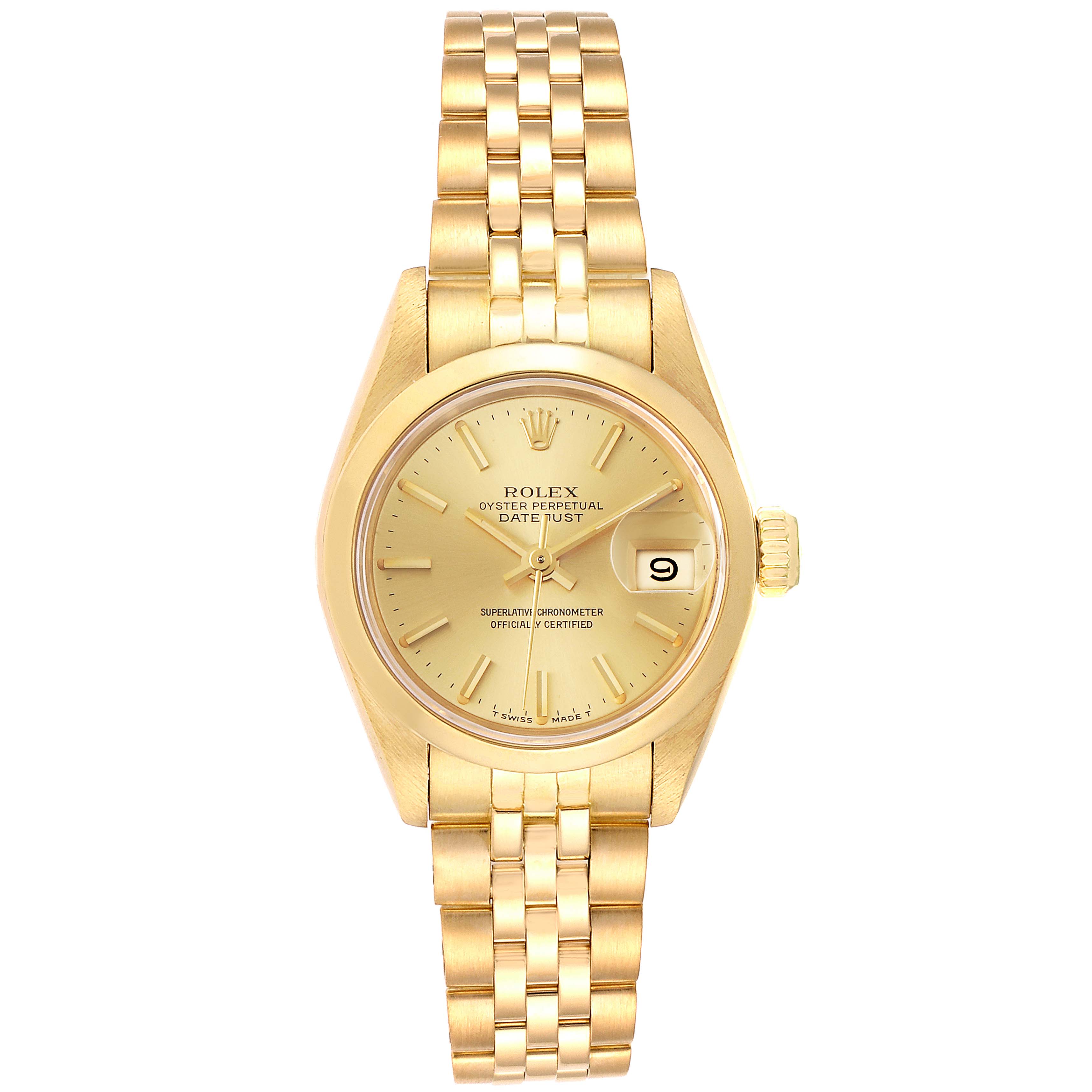 This image shows a Rolex President 69168 Women's Yellow Gold Champagne Dial 69168 Women's Yellow Gold Champagne Dial model watch from a top-down angle, displaying the full face, crown, and bracelet.