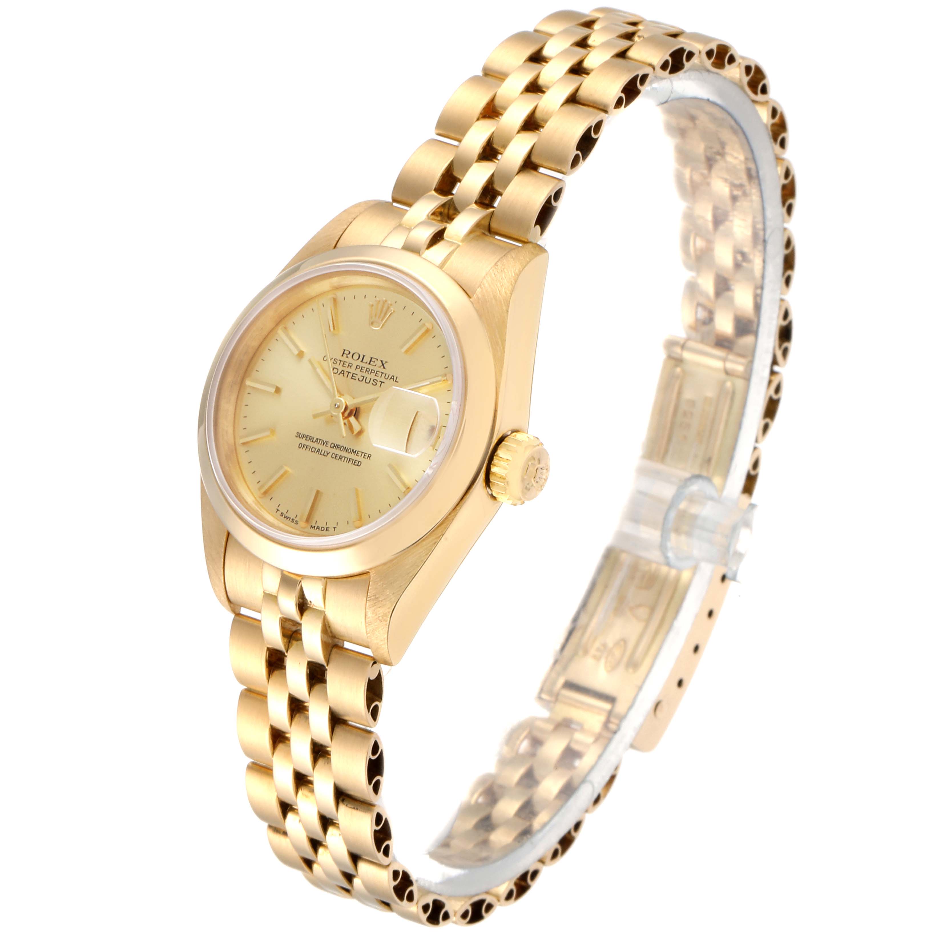 The image shows a side view of a Rolex President 69168 Women's Yellow Gold Champagne Dial 69168 Women's Yellow Gold Champagne Dial model, highlighting the gold bracelet, dial, and crown.