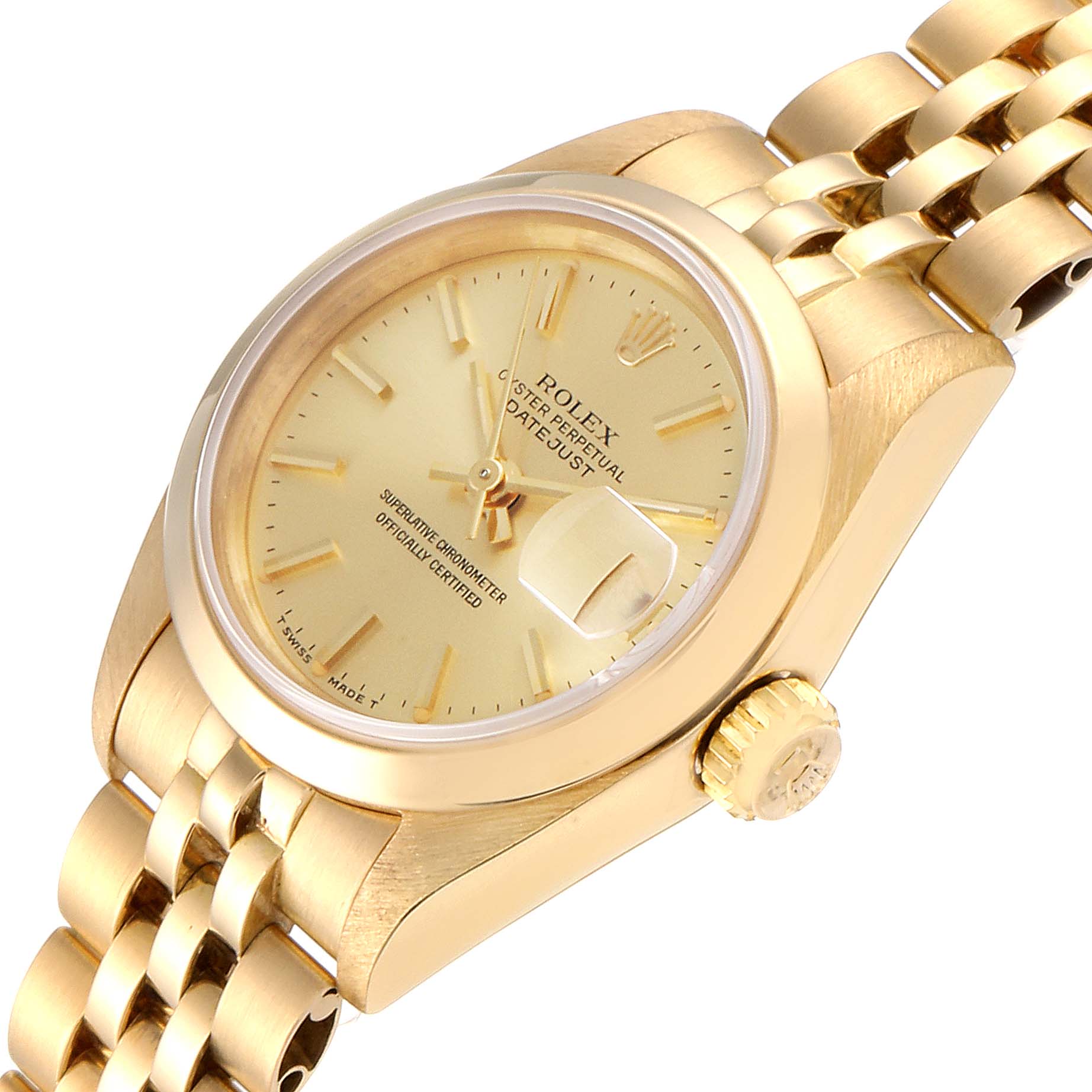 The image shows a close-up side angle of a Rolex President 69168 Women's Yellow Gold Champagne Dial 69168 Women's Yellow Gold Champagne Dial model watch, highlighting the gold case, dial, crown, and bracelet.