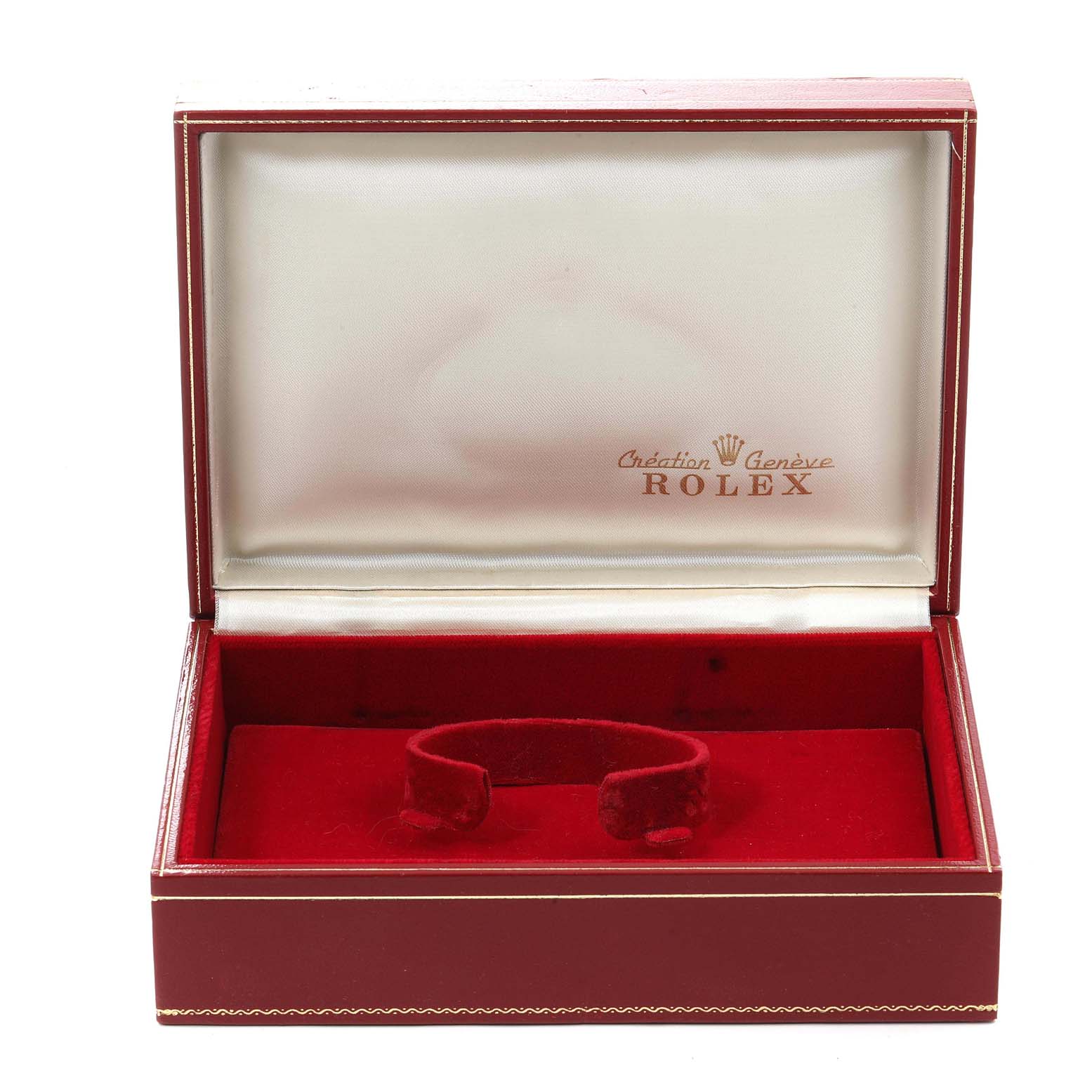 This image shows an open Rolex President 69168 Women's Yellow Gold Champagne Dial 69168 Women's Yellow Gold Champagne Dial model watch box, revealing the red velvet interior and watch holder.