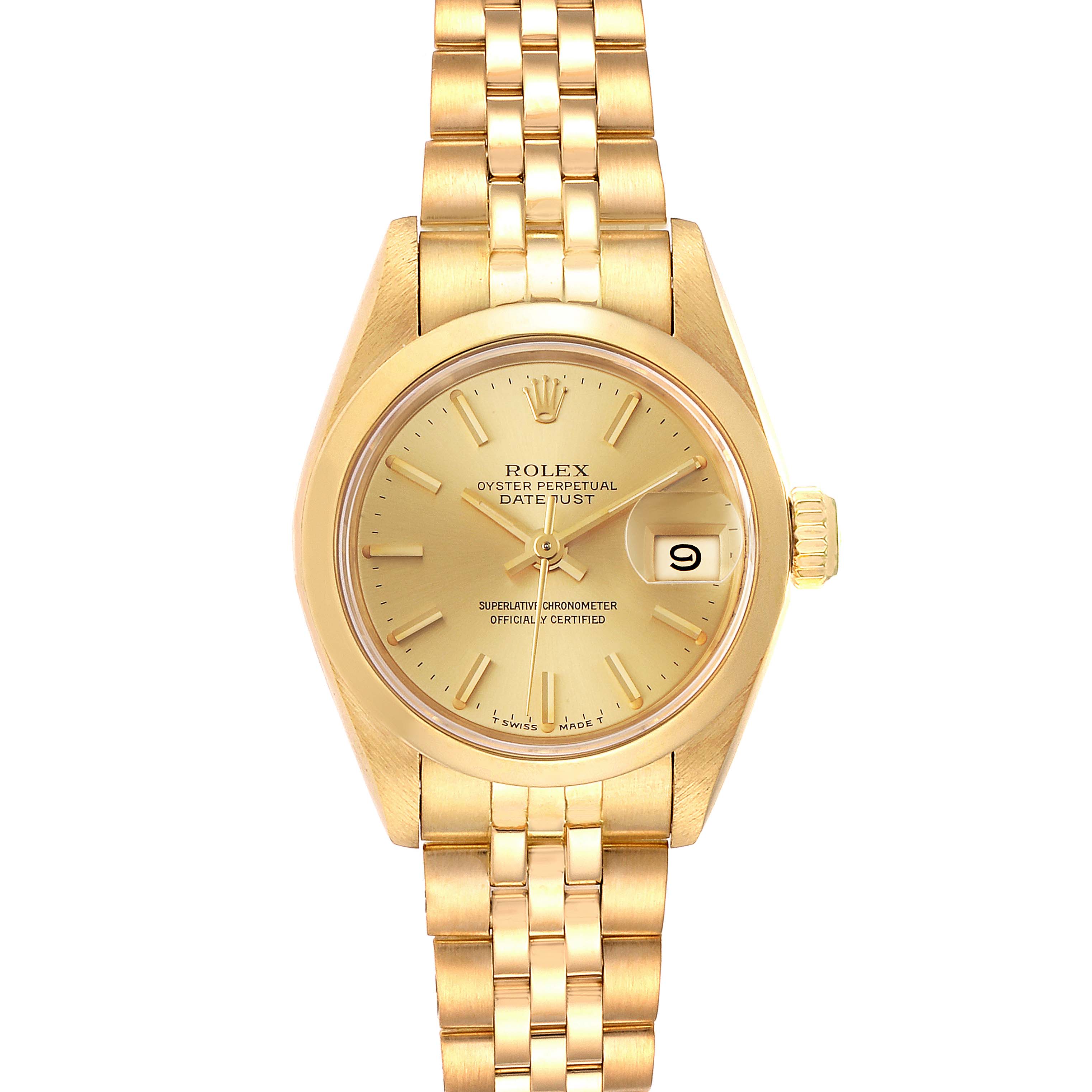 This image shows a frontal view of a Rolex President 69168 Women's Yellow Gold Champagne Dial 69168 Women's Yellow Gold Champagne Dial model watch, with its dial, bezel, crown, and bracelet visible.
