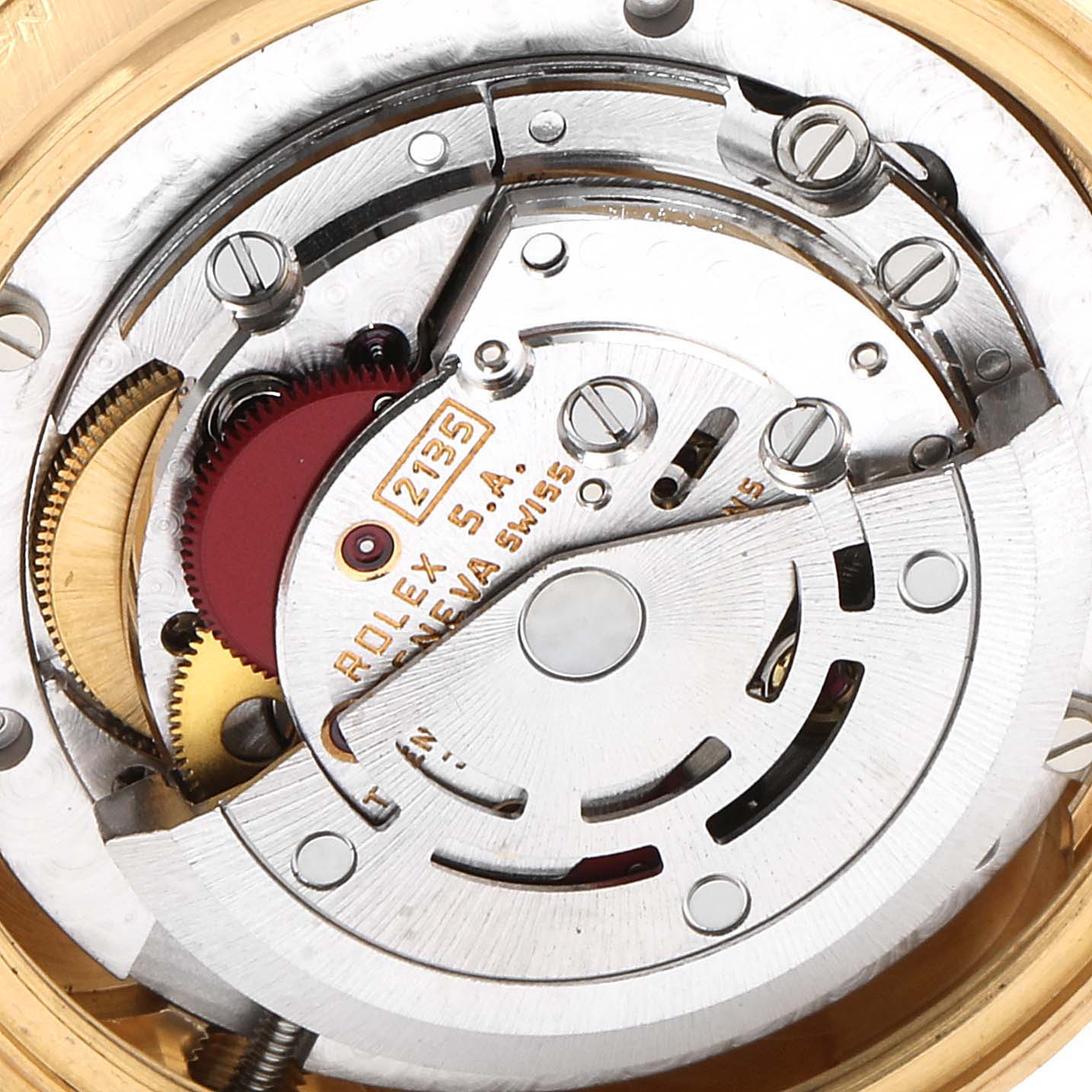 This is a close-up view of the internal mechanisms of a Rolex President 68288 Women
s White Gold Champagne Dial 68288 Women
s White Gold Champagne Dial model watch.