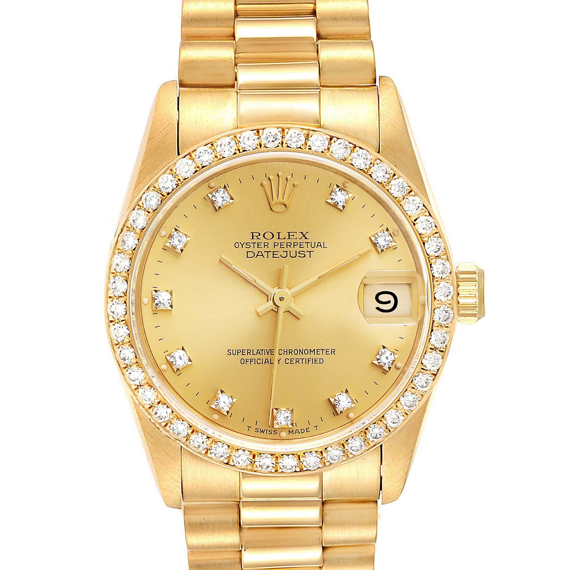 The image shows a frontal view of a gold Rolex President 68288 Women
s White Gold Champagne Dial 68288 Women
s White Gold Champagne Dial Datejust, displaying the dial, bezel, crown, and part of the bracelet.