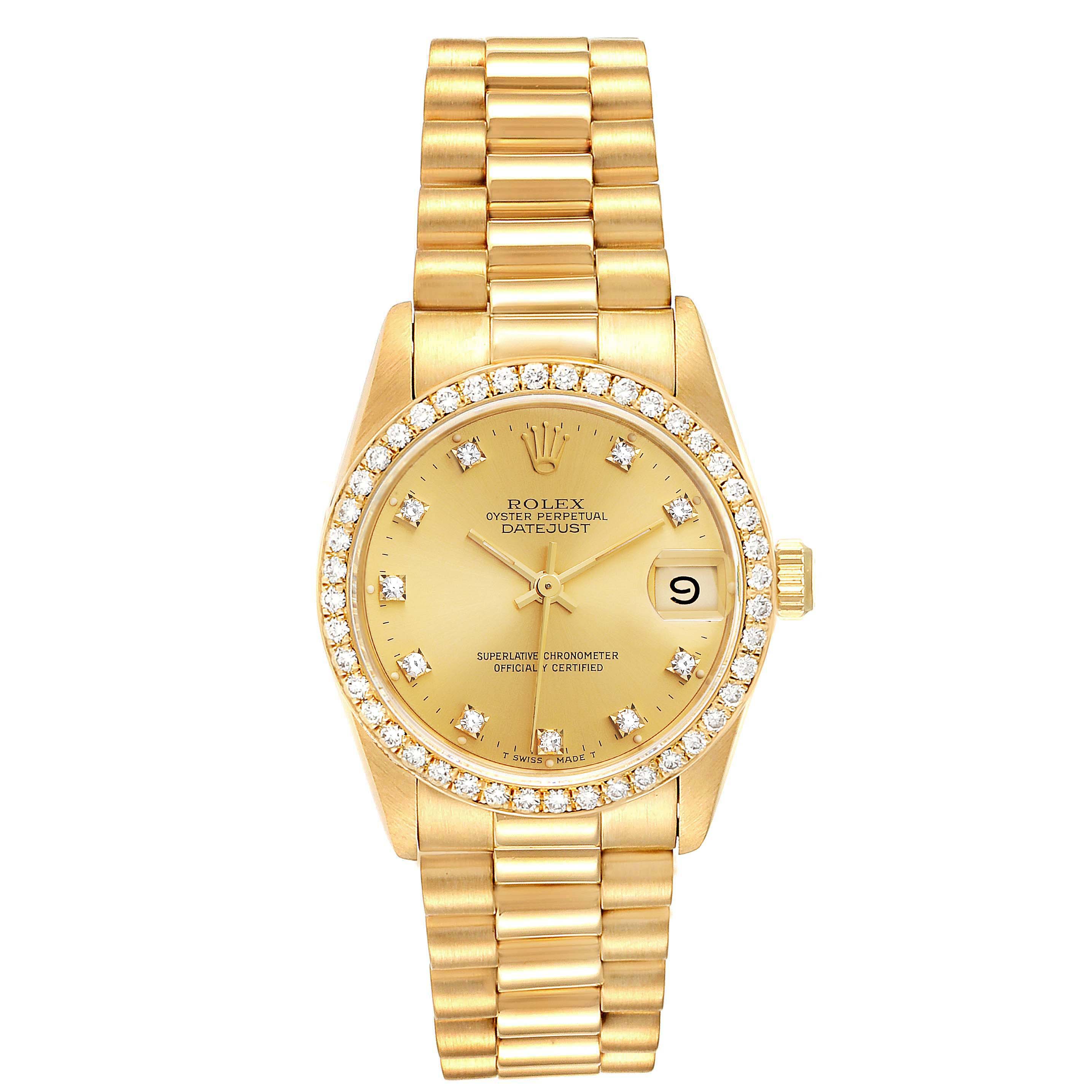 The image shows a Rolex President 68288 Women
s White Gold Champagne Dial 68288 Women
s White Gold Champagne Dial model watch from a front angle, displaying its dial, bezel, bracelet, and date feature.