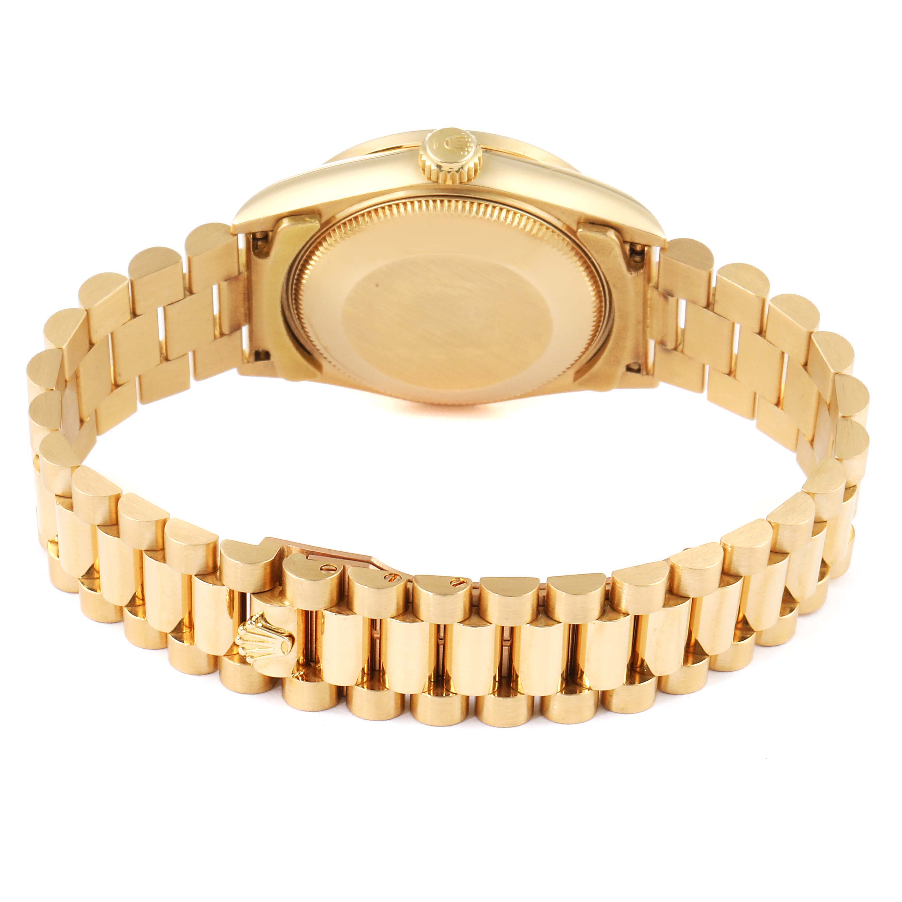 This image shows the back case and bracelet of a Rolex President 68288 Women
s White Gold Champagne Dial 68288 Women
s White Gold Champagne Dial model watch from a rear angle.