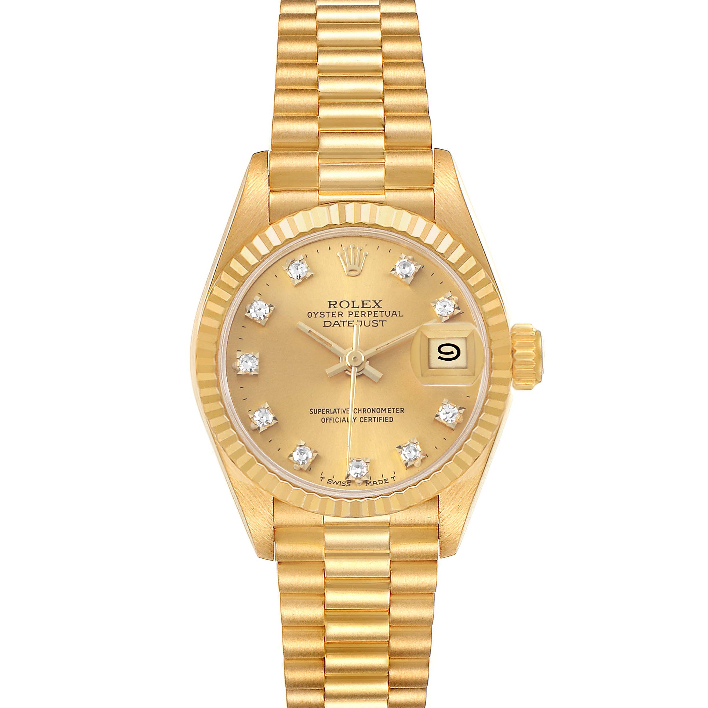 The Rolex President 69178 Women's Yellow Gold Champagne Dial model is shown from a top view featuring the dial, fluted bezel, and bracelet.