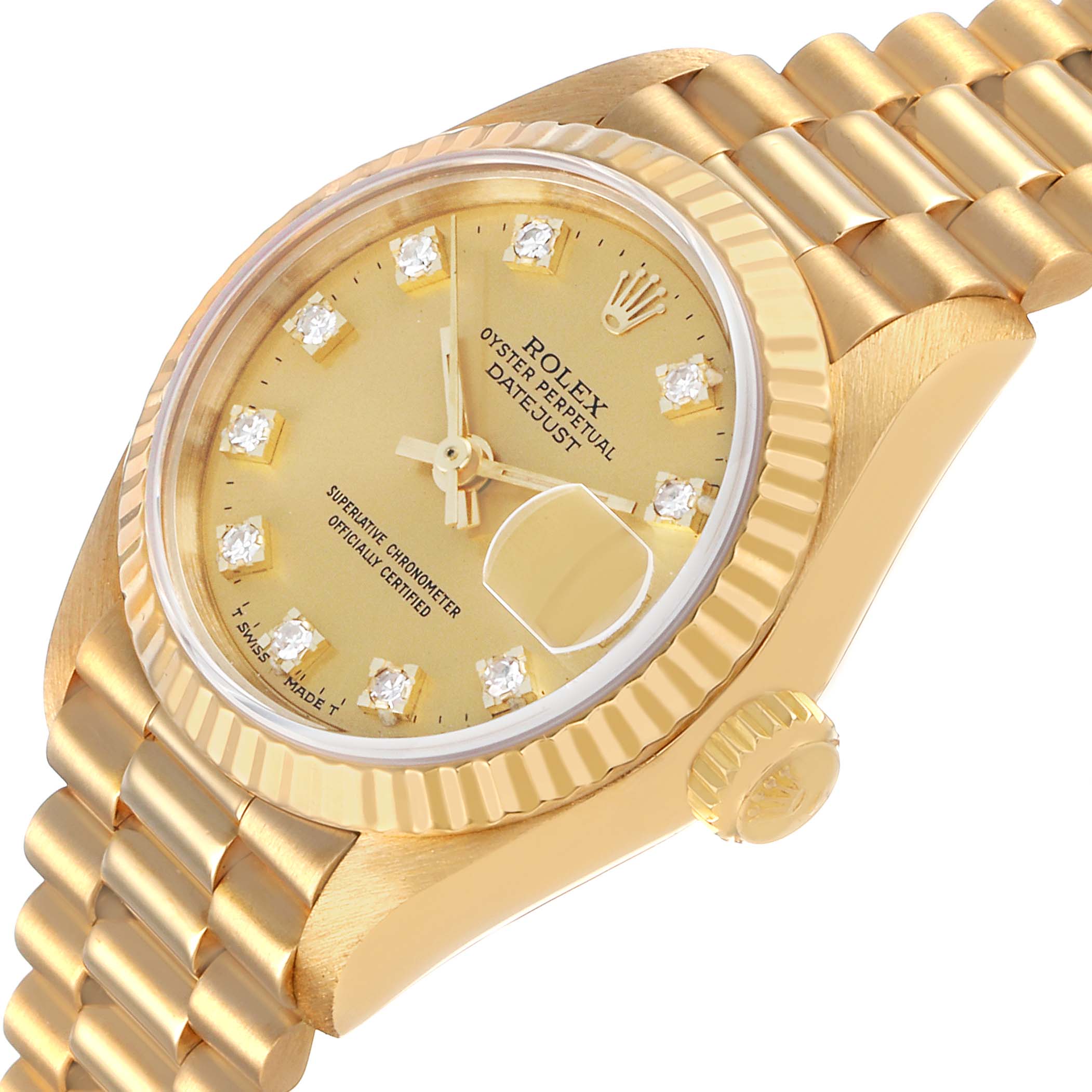 The image shows a Rolex President 69178 Women's Yellow Gold Champagne Dial model watch at an angle highlighting the gold case, diamond markers, fluted bezel, and bracelet.