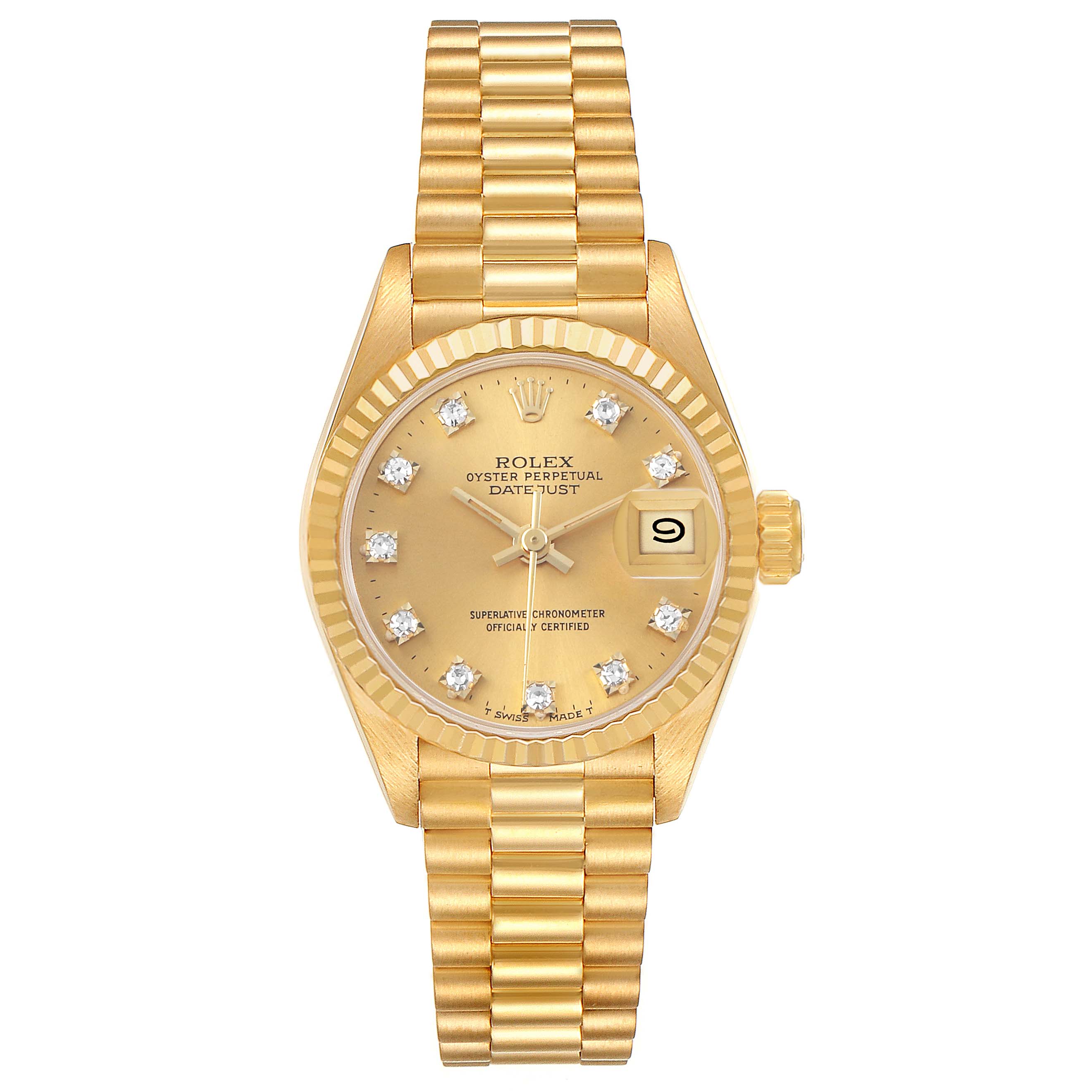 The Rolex President 69178 Women's Yellow Gold Champagne Dial model watch is shown from a top view, displaying the face, bezel, bracelet, and crown.