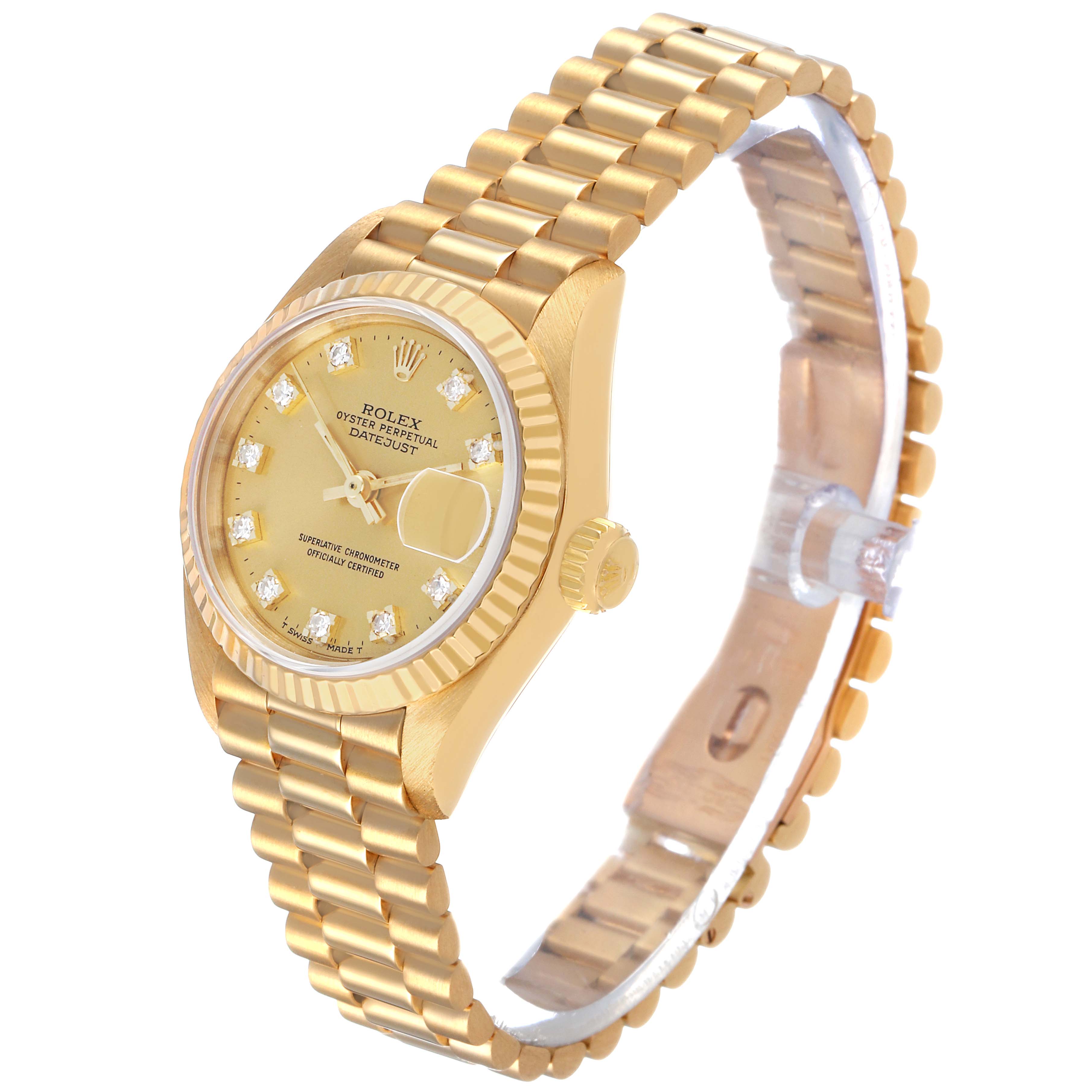 The Rolex President 69178 Women's Yellow Gold Champagne Dial model watch is shown at a three-quarter angle, highlighting the face, bezel, bracelet, and crown.