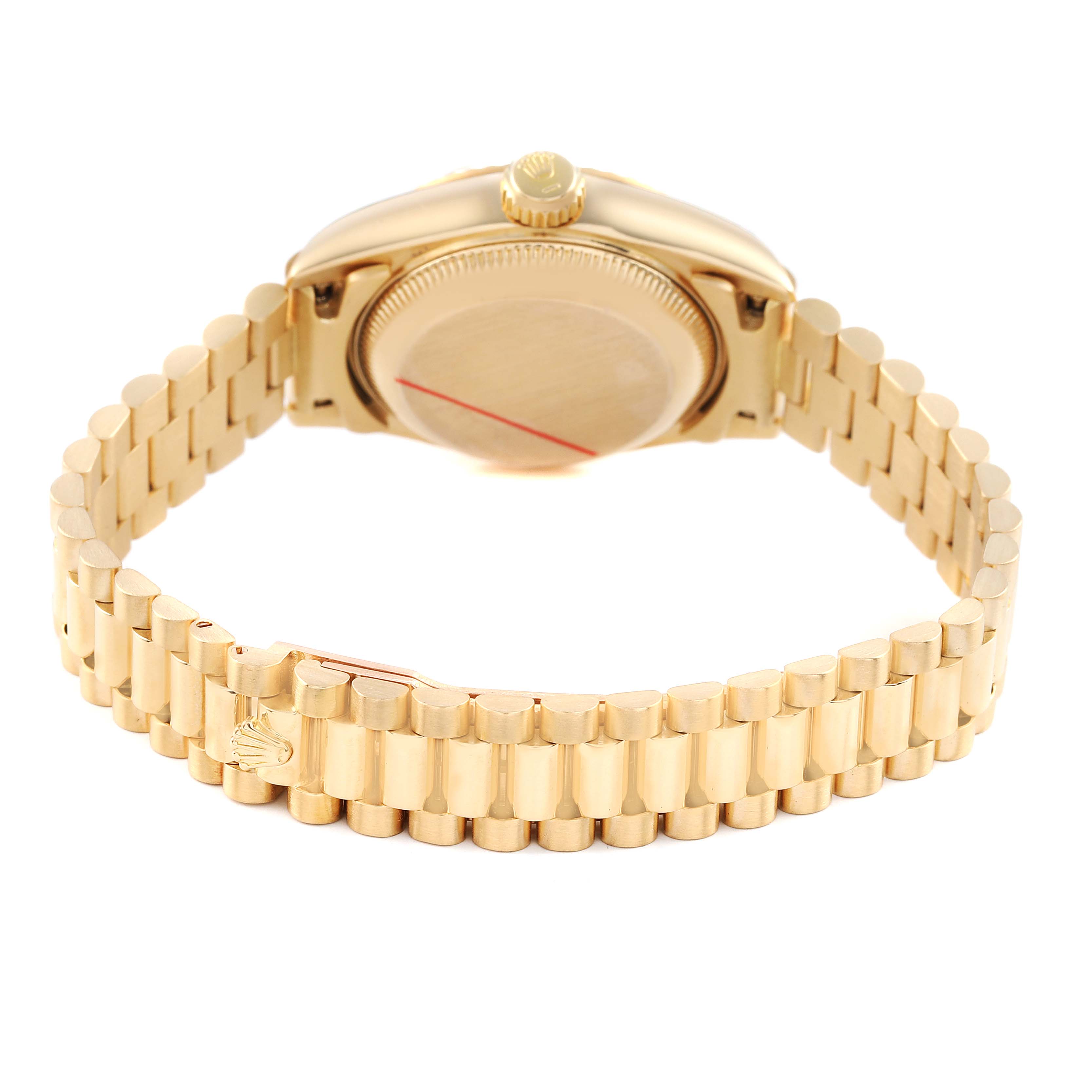 The image shows the back and bracelet of a Rolex President 69178 Women's Yellow Gold Champagne Dial model watch, highlighting the clasp and crown.