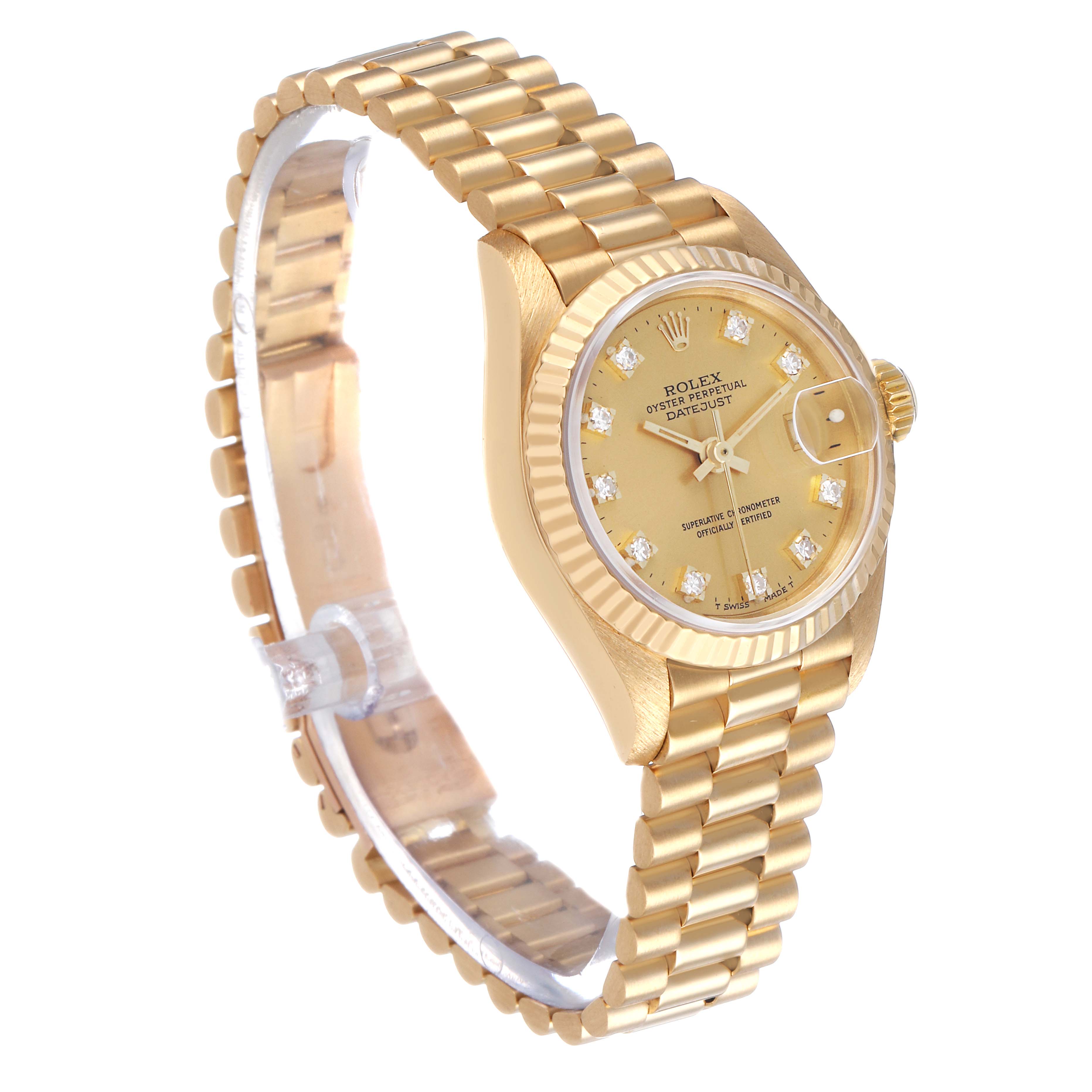 The Rolex President 69178 Women's Yellow Gold Champagne Dial watch is shown at a three-quarter angle, highlighting the dial, bezel, and part of the bracelet.