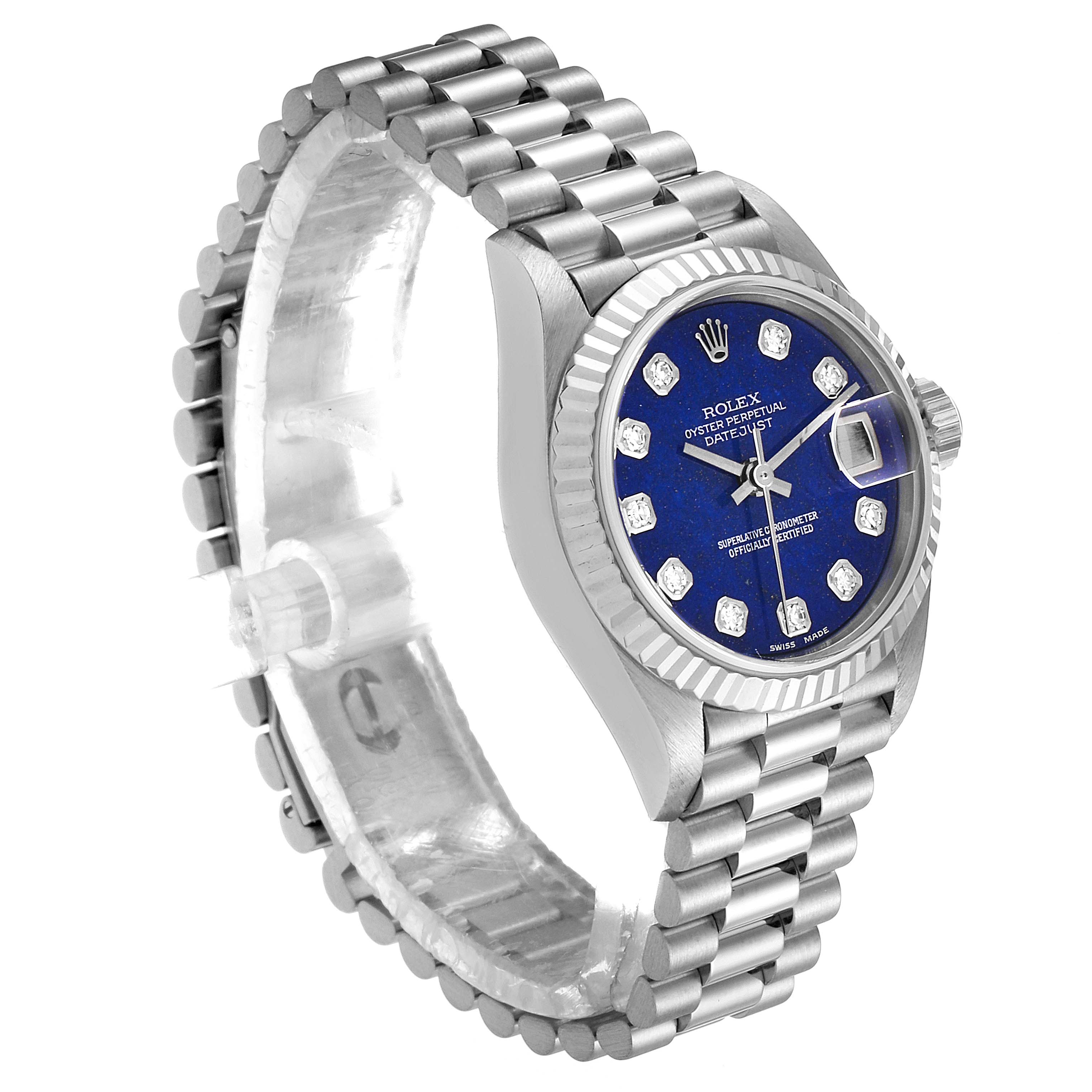 This image shows a Rolex President 69179 Women's White Gold Blue Dial 69179 Women's White Gold Blue Dial model watch from a three-quarter angle focusing on the face, bezel, and bracelet.