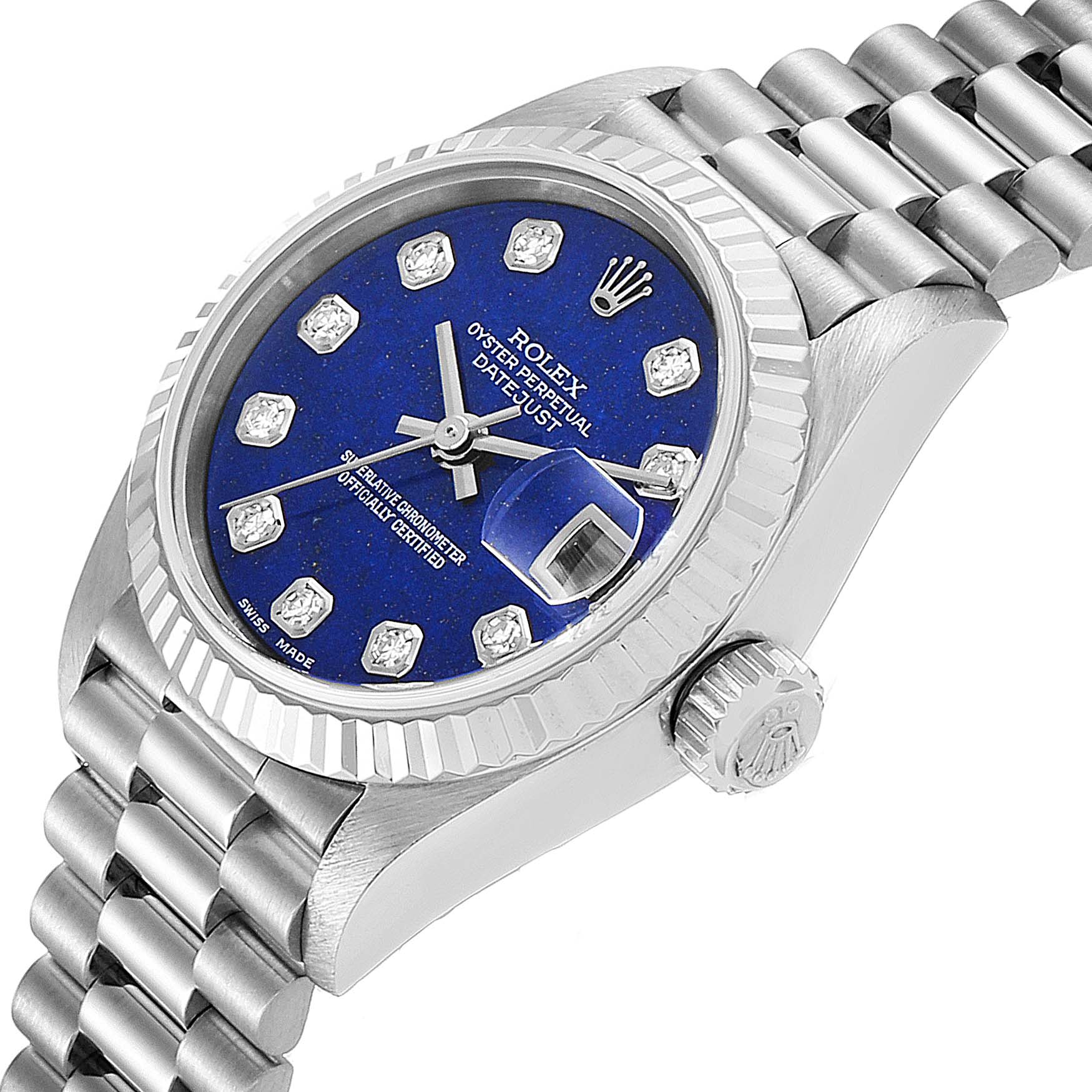 The Rolex President 69179 Women's White Gold Blue Dial 69179 Women's White Gold Blue Dial model watch is shown at a slight angle, highlighting its blue dial, diamond hour markers, and fluted bezel.
