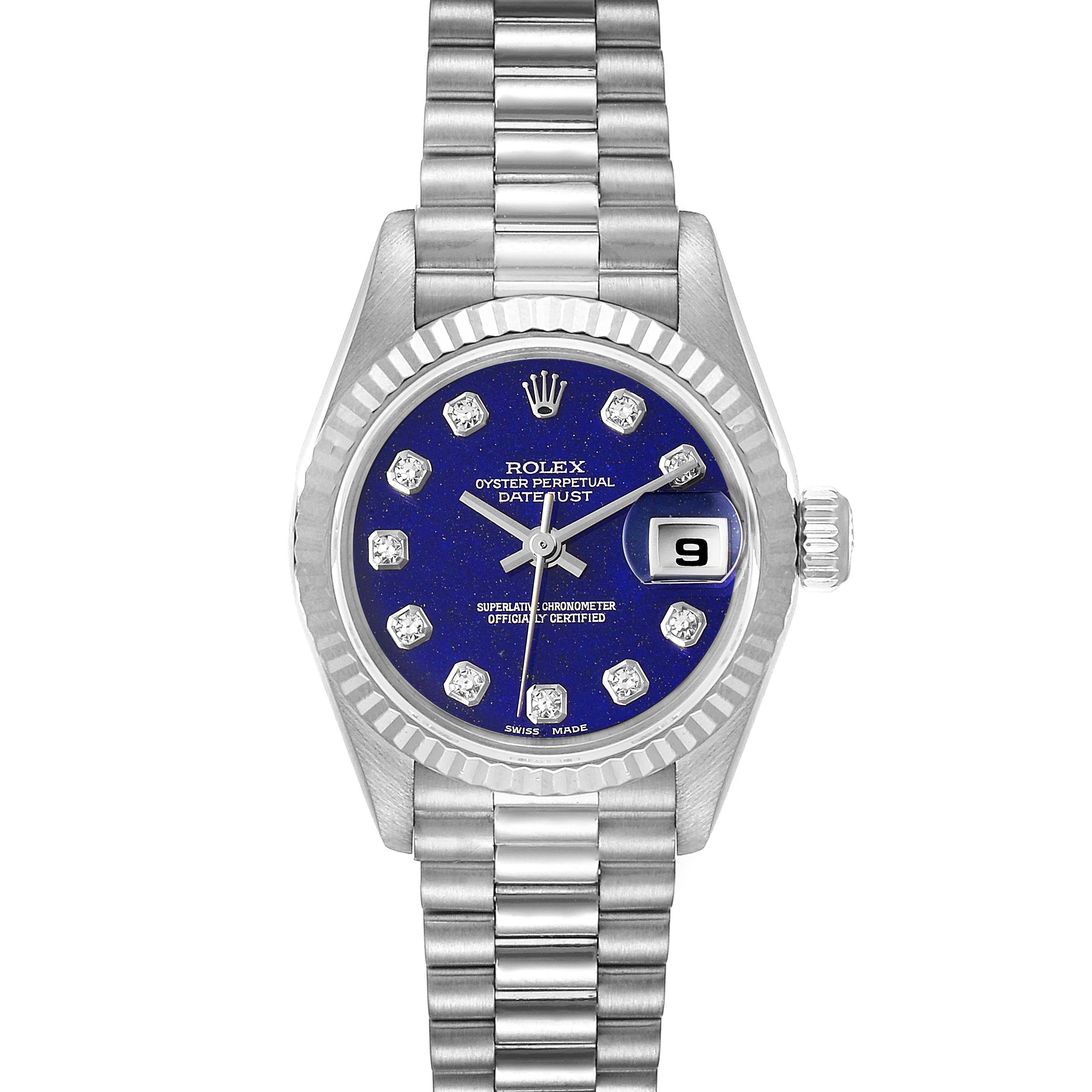The image shows a Rolex President 69179 Women's White Gold Blue Dial 69179 Women's White Gold Blue Dial model watch with a blue dial, diamond hour markers, and a stainless steel bracelet, viewed from the front.
