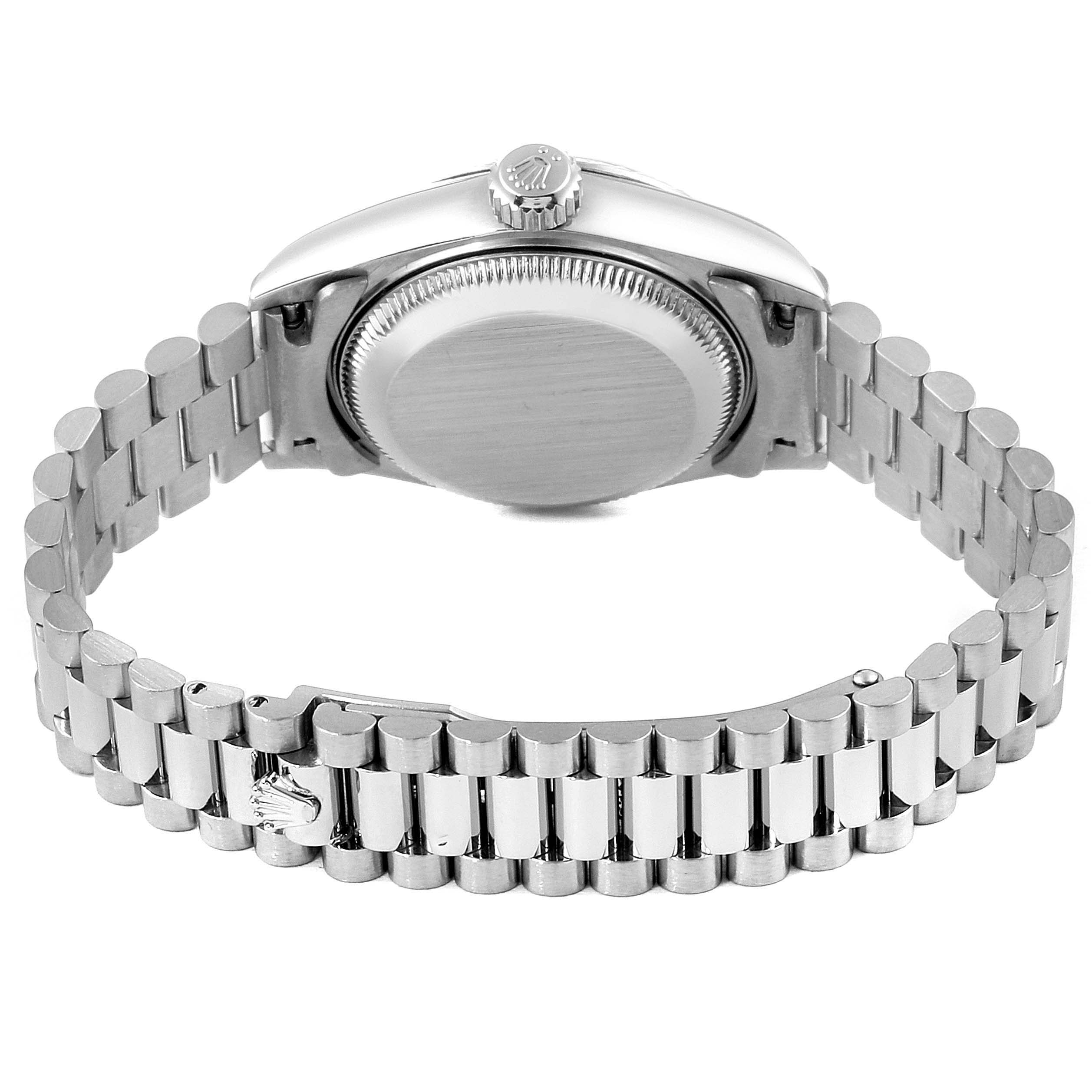 This image shows the back view of the Rolex President 69179 Women's White Gold Blue Dial 69179 Women's White Gold Blue Dial model watch, including the case back, crown, and bracelet.