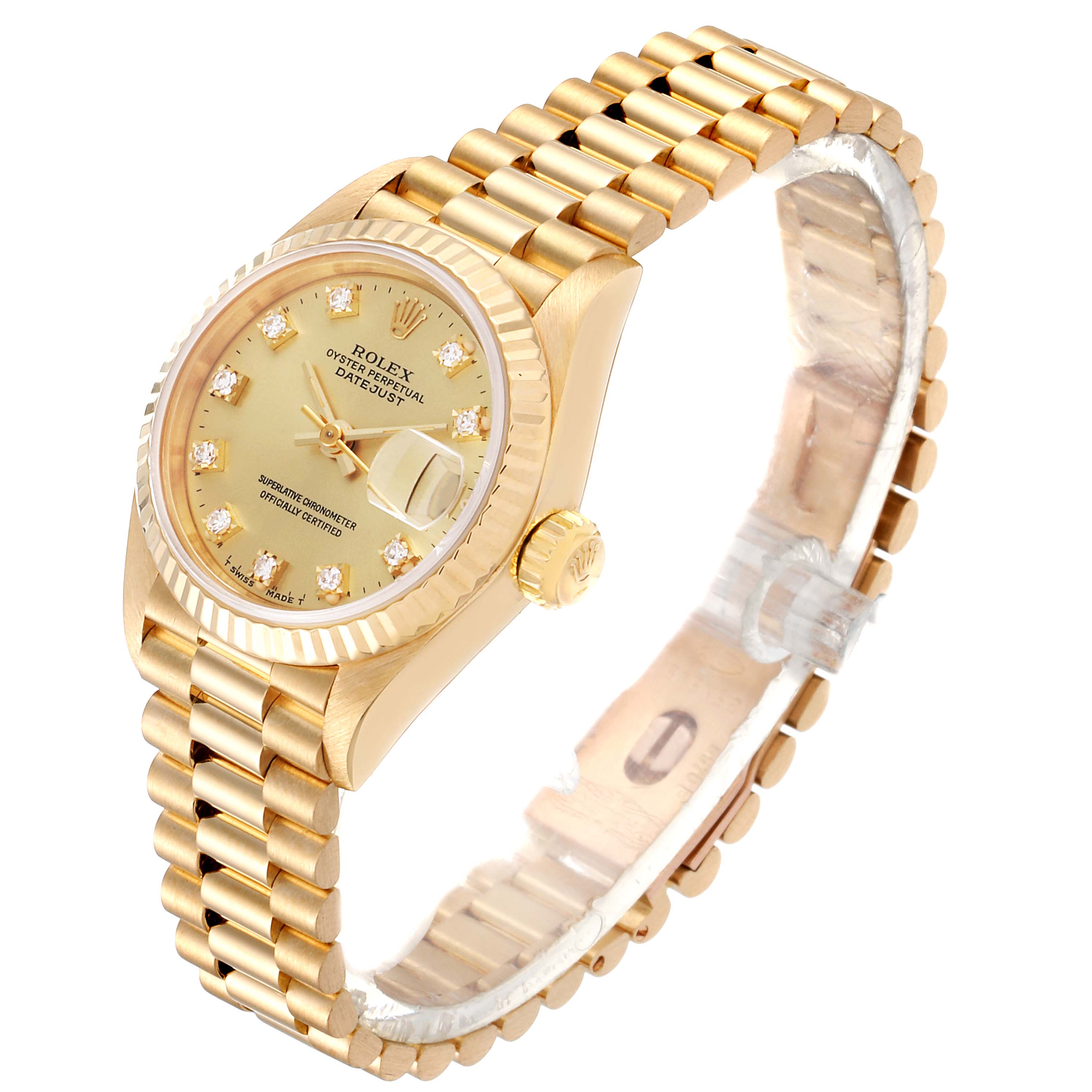 The image shows a Rolex President 69178 Women's Yellow Gold Champagne Dial 69178 Women's Yellow Gold Champagne Dial model watch at a three-quarter angle, displaying its bracelet, crown, and face.