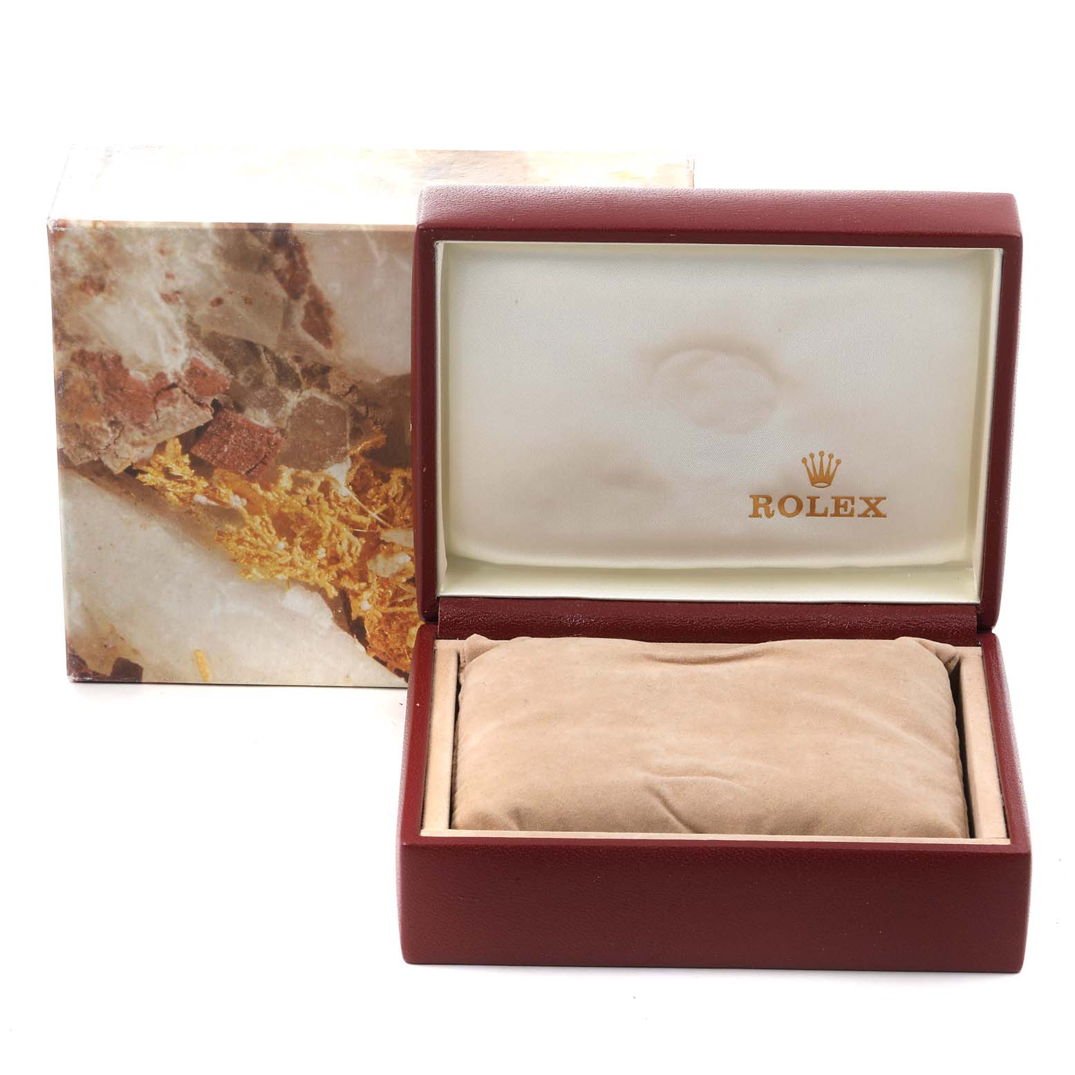 The image shows an open Rolex President 69178 Women's Yellow Gold Champagne Dial 69178 Women's Yellow Gold Champagne Dial model watch box with the outer carton displayed behind it.