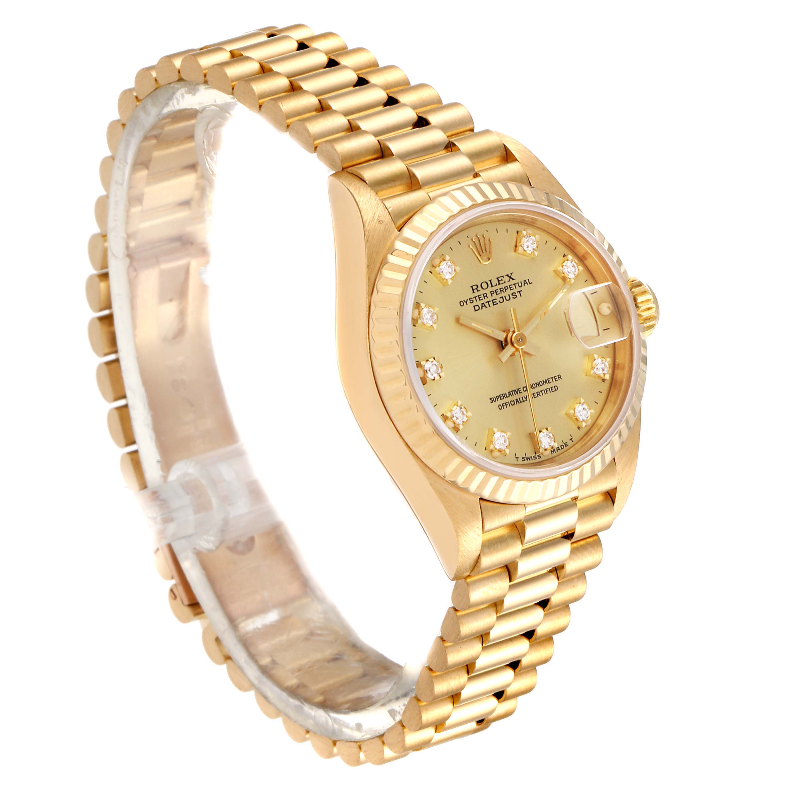 The Rolex President 69178 Women's Yellow Gold Champagne Dial 69178 Women's Yellow Gold Champagne Dial model watch is shown at a slight angle, highlighting its gold case, bracelet, dial, and date window.