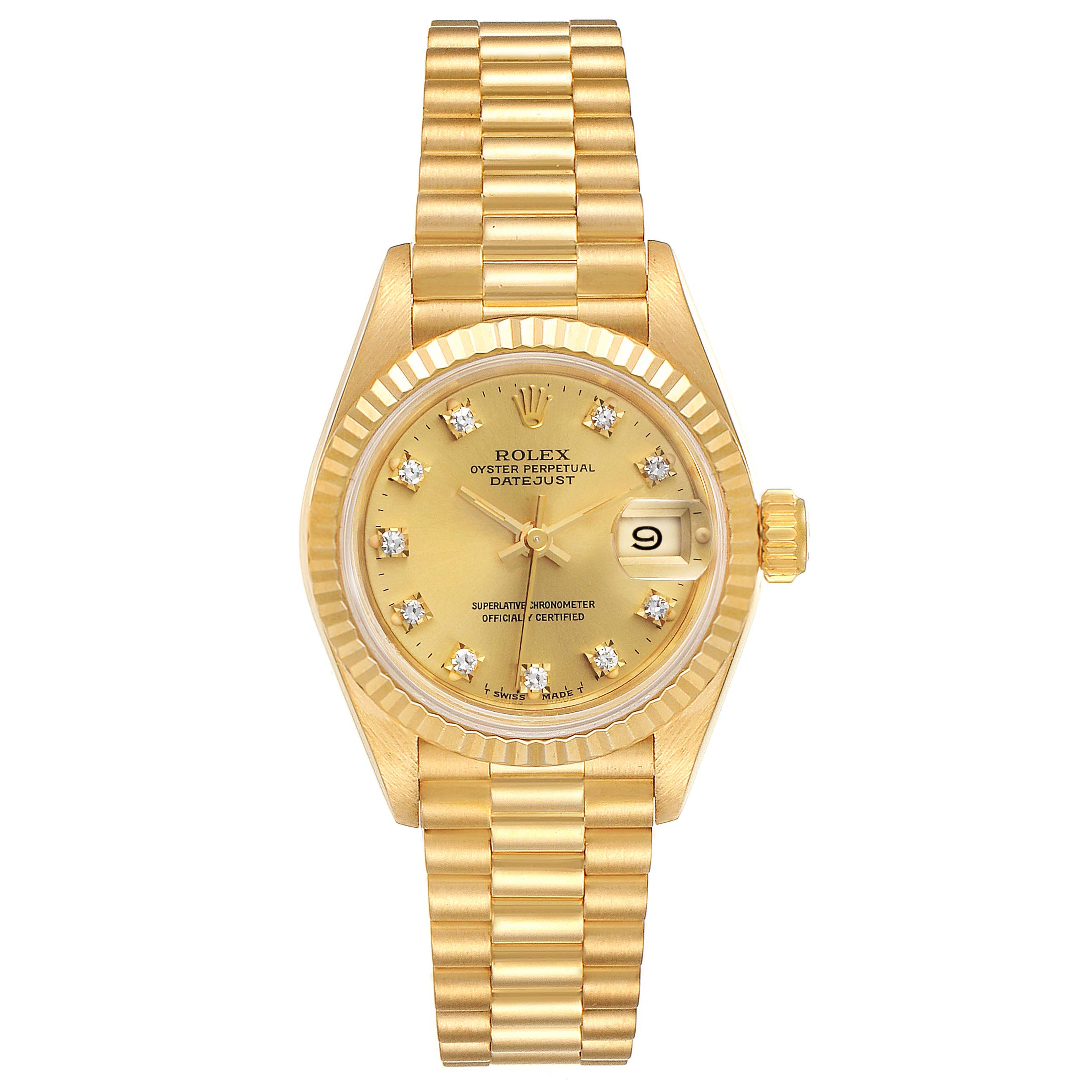 The image shows a front view of a Rolex President 69178 Women's Yellow Gold Champagne Dial 69178 Women's Yellow Gold Champagne Dial model watch.