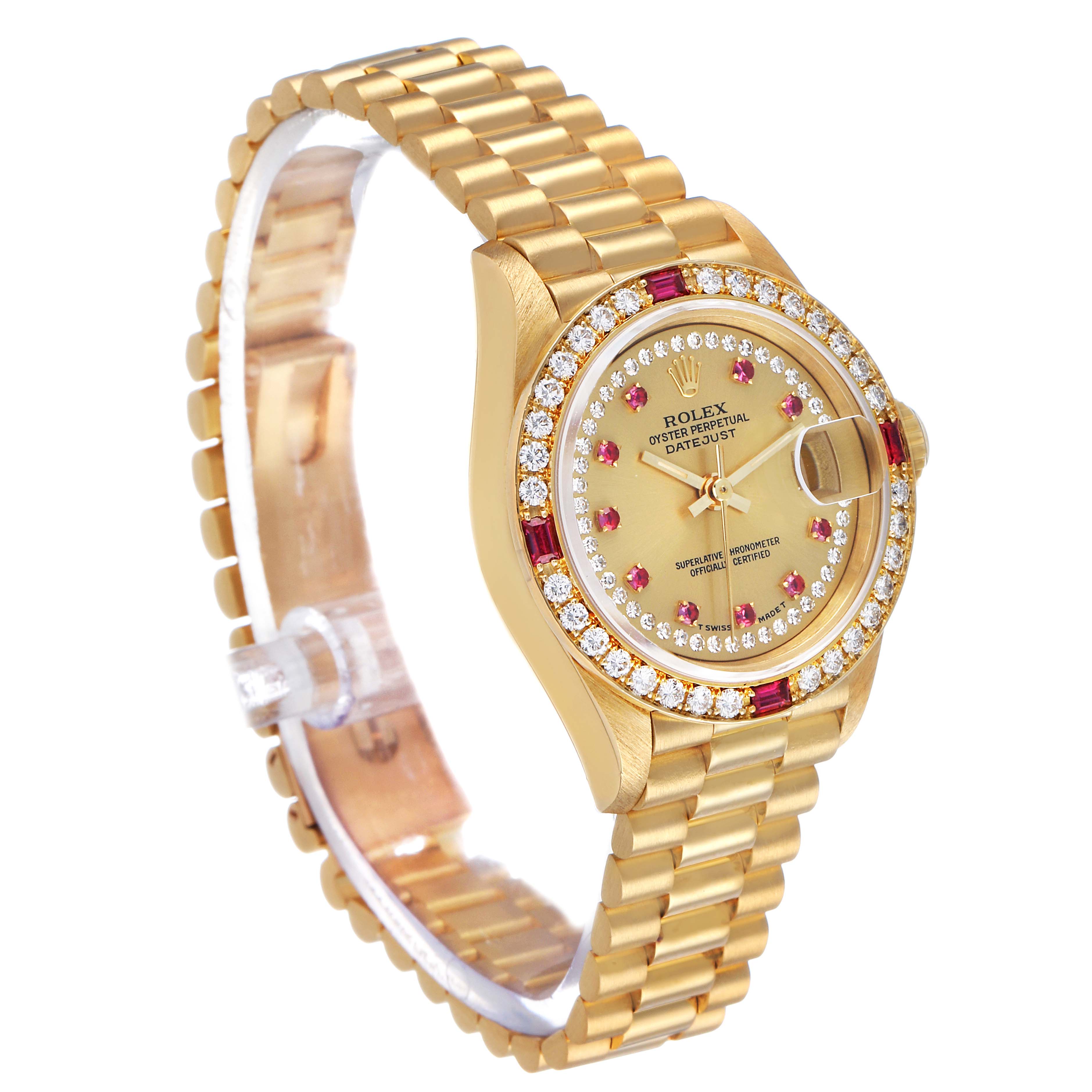 The Rolex President 69068 Women's Yellow Gold Champagne Dial model is shown at a three-quarter angle, displaying the watch face, bezel, and bracelet prominently.