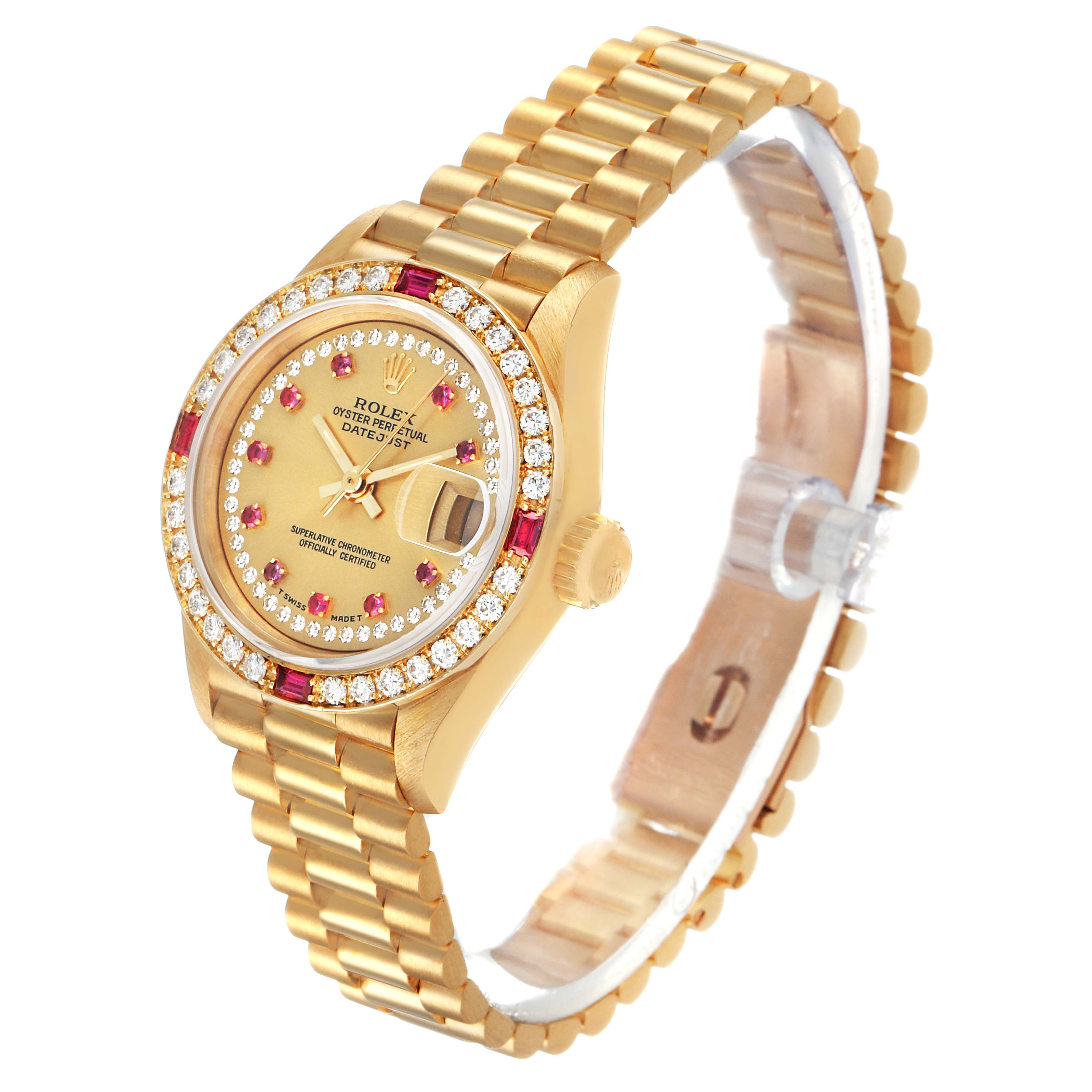 The Rolex President 69068 Women's Yellow Gold Champagne Dial model watch is shown at a three-quarter angle, highlighting the face, bezel, and bracelet.