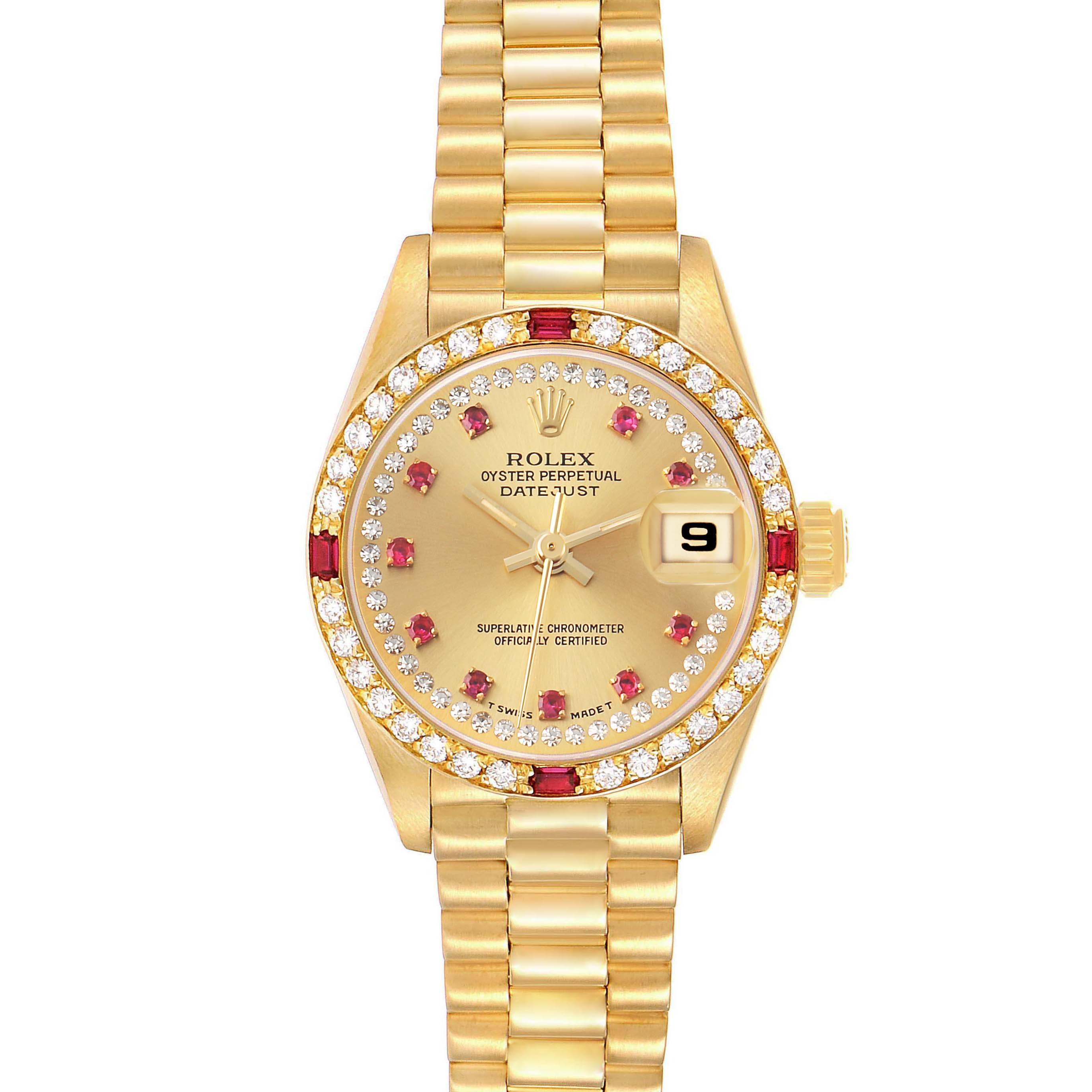 The Rolex President 69068 Women's Yellow Gold Champagne Dial model is shown from the front, featuring a gold bracelet, diamond and ruby bezel, and a date display.