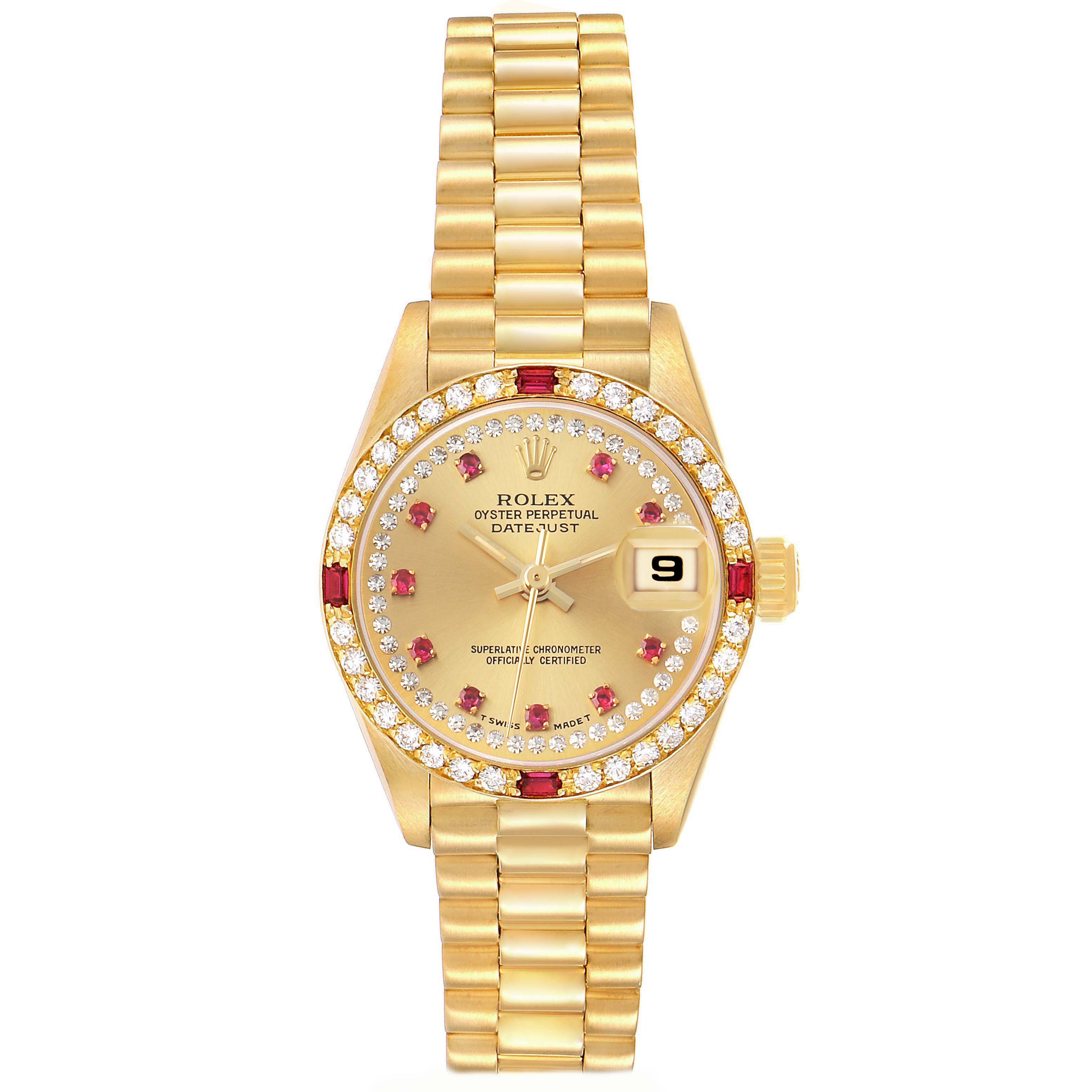 The Rolex President 69068 Women's Yellow Gold Champagne Dial model is shown from a top view, highlighting the dial, bezel, bracelet, and date window.